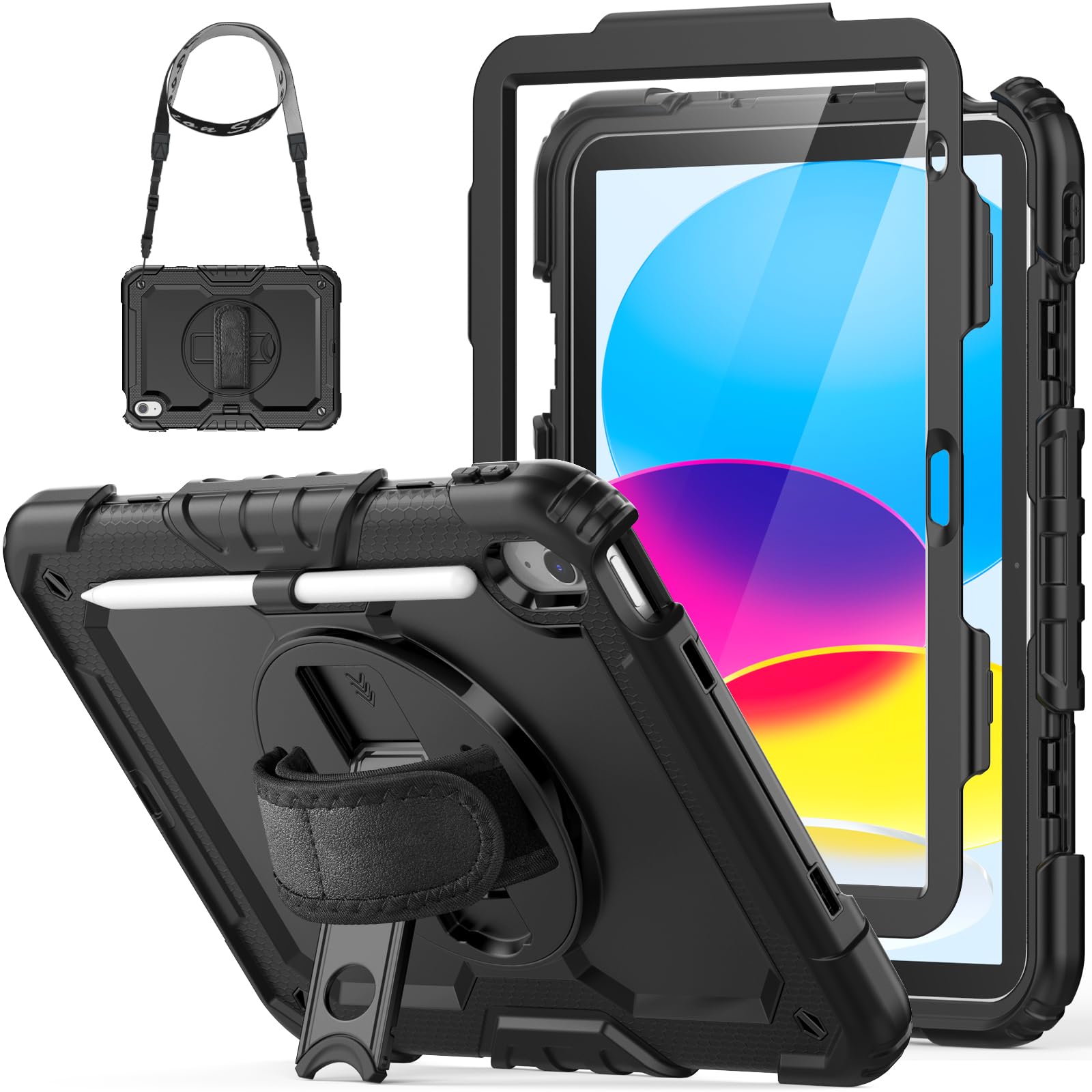Premium Heavy Duty Protective Case for iPad 10th/11th Generation (2022/2025) A2696/A2757/A2777/A3354/A3355 - Shockproof Cover with Built-in Pencil Holder, Screen Protector & Hand Strap - Perfect for Work, School & Travel (Black)