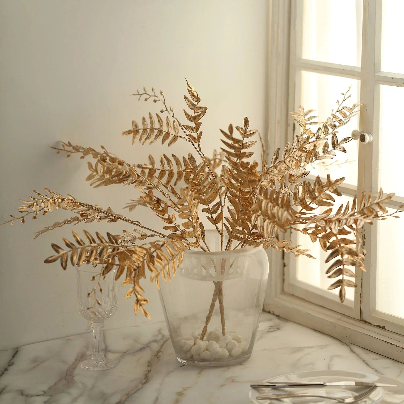 2 Pack Gold Metallic Artificial Fern Leaf Branches - 21