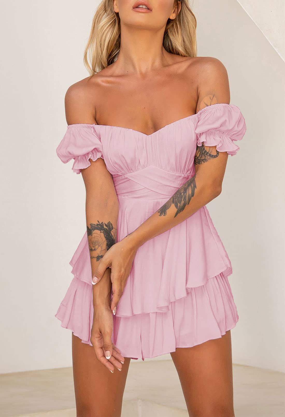 Fixmatti Women's Boho Romper - Off Shoulder Ruffle Chiffon Shorts Jumpsuit Playsuit for Summer Beach Vacation, Music Festival & Casual Outings