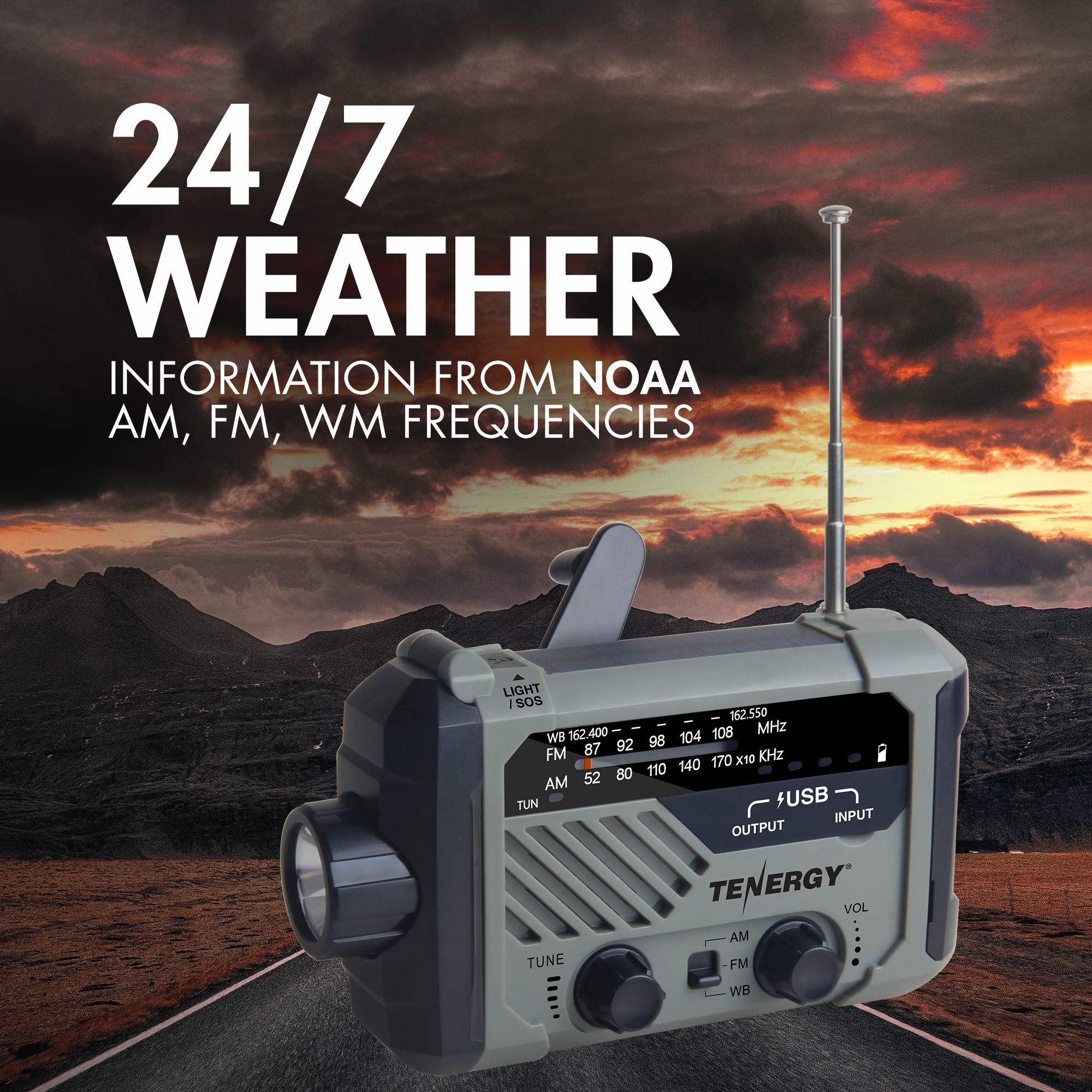 Tenergy Multifunctional Hand Crank Emergency Weather Radio with LED Flashlight, SOS Alarm, USB Phone Charger & AM/FM/NOAA - Perfect for Outdoor Camping, Hiking, Power Outages & Survival Kits