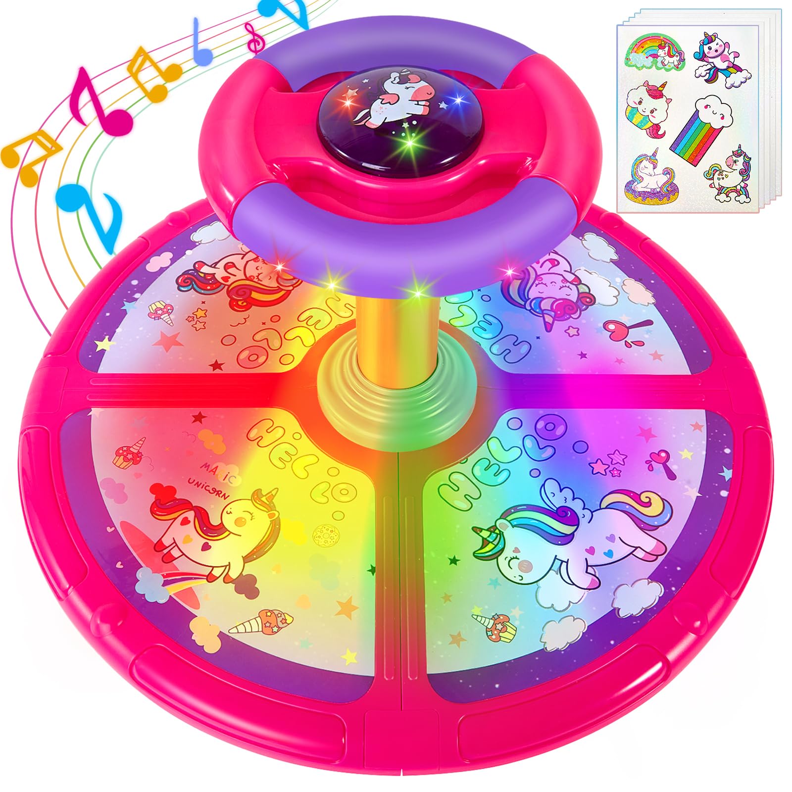 GODELAIF Unicorn Sit and Spin Toy - 360° Rotating Sensory Stool with Music & LED Lights for Toddlers Ages 2-5 | Fun Indoor Play, Birthday & Christmas Gift for Girls | Perfect for Playrooms, Daycares & Sensory Development