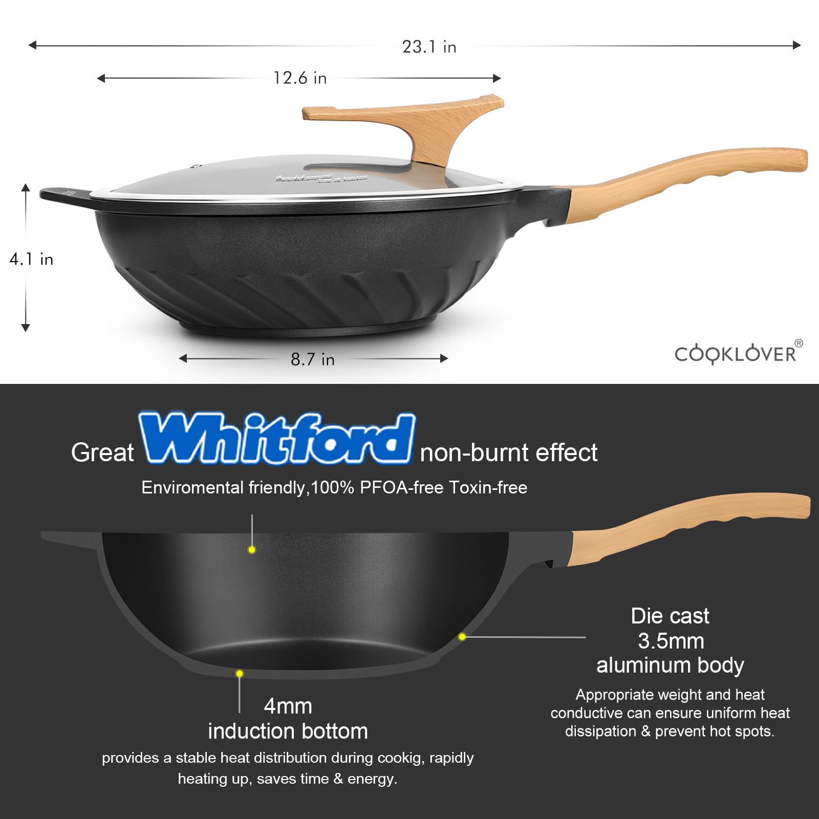 COOKLOVER 12.6 Inch Nonstick Wok Pan - Die-Cast Aluminum Stir Fry Pan with Lid, PFOA-Free & Scratch Resistant, Induction Compatible for Healthy Cooking | Perfect for Asian Stir Fry, Sautéing & Home Kitchen Use