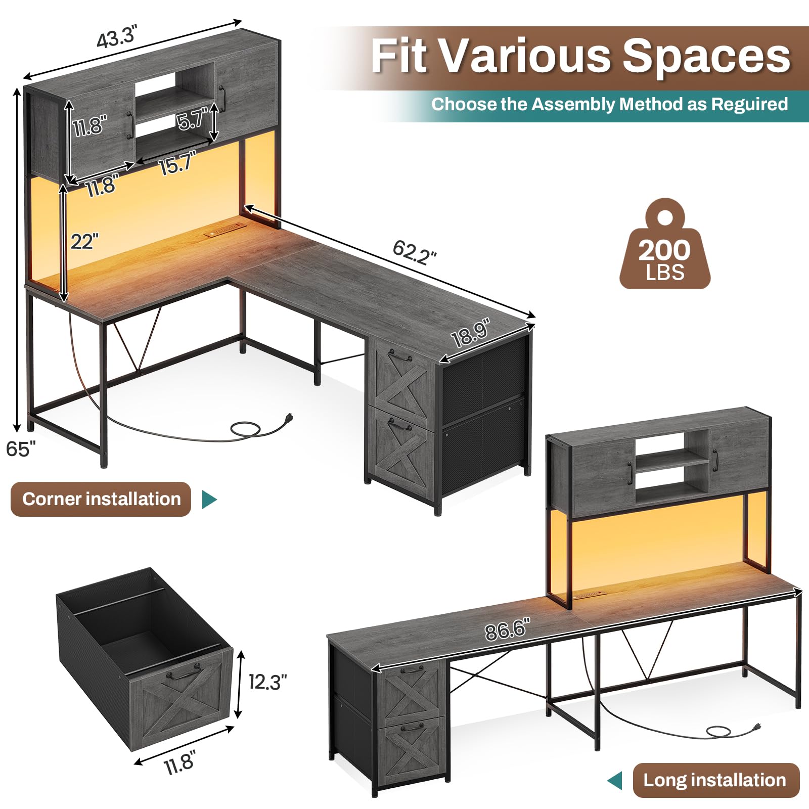 SEDETA L-Shaped Gaming Desk with LED Lights, Reversible Computer Desk with Fabric Drawers & Power Outlet, Home Office Desk with Hutch & Storage Shelf (Grey) - Perfect for Gamers, Streamers & Remote Workers