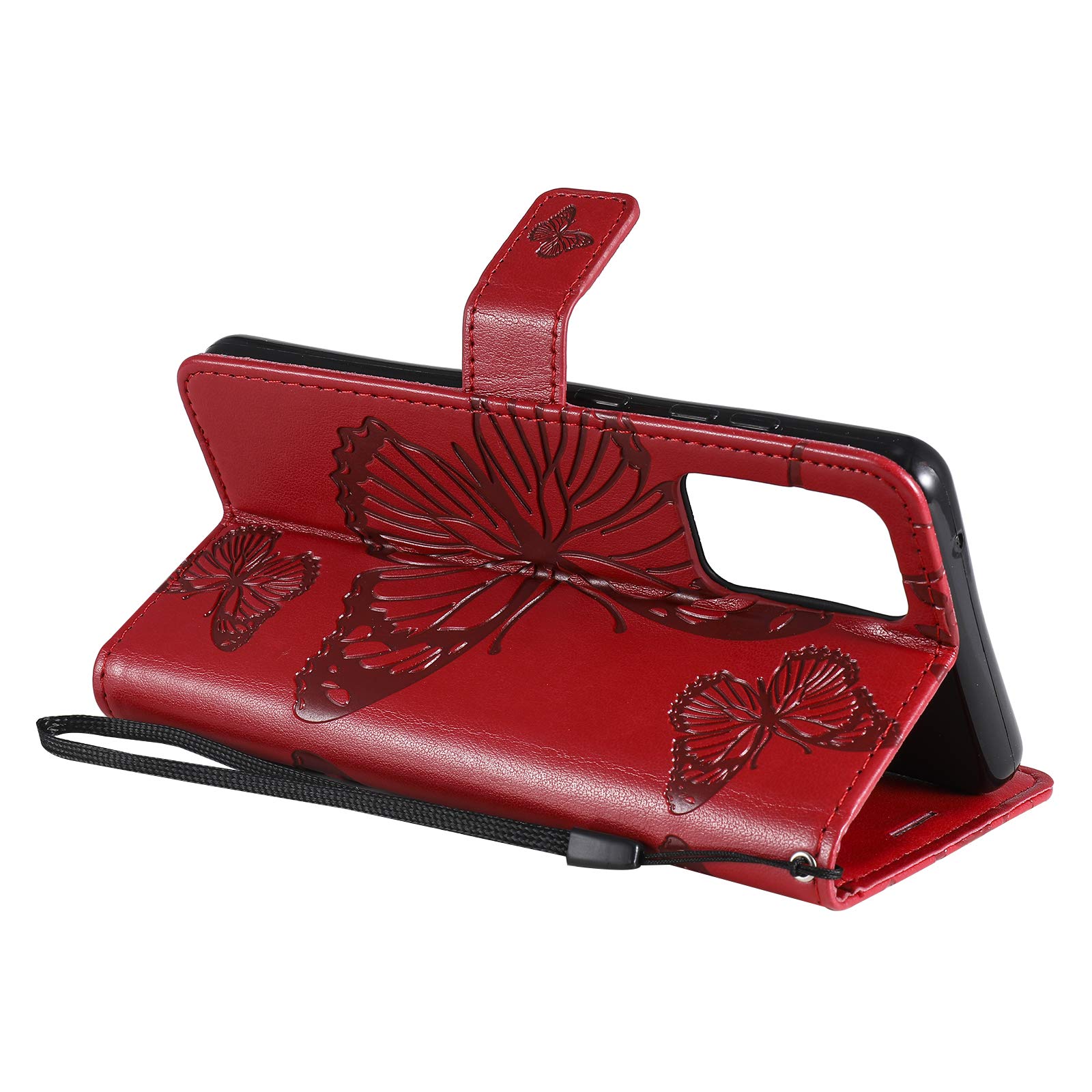 Premium PU Leather Wallet Case for iPhone 12 Pro Max - Embossed Butterfly Design with Credit Card Holder & Kickstand | Flip Folio Cover | Perfect for Business, Travel & Everyday Use (Red)