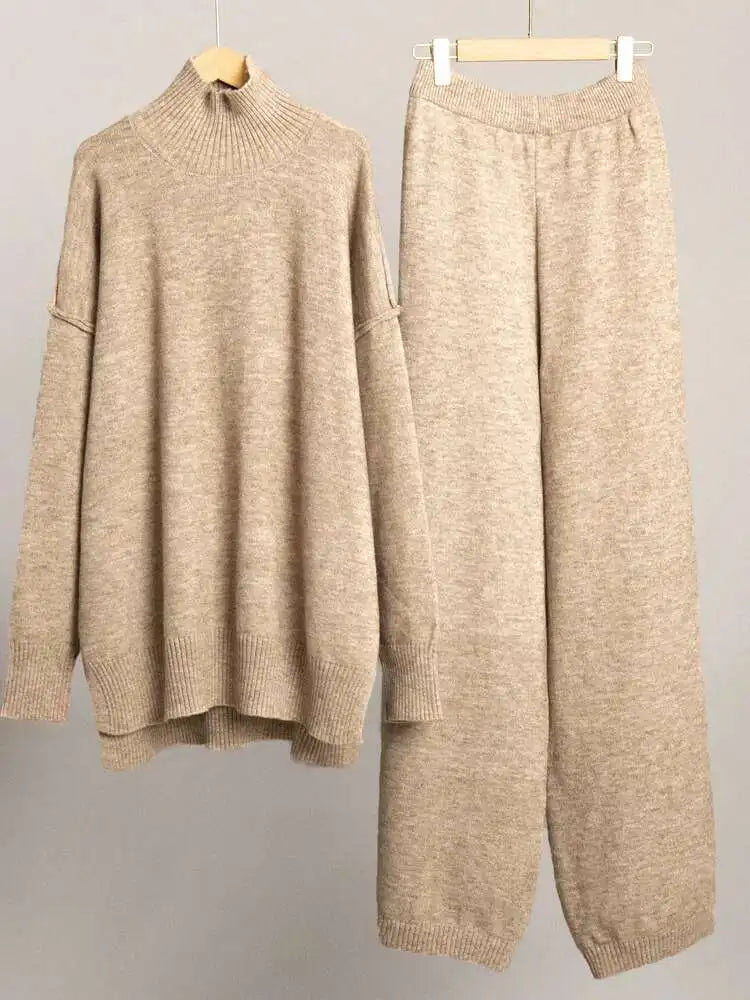 Big Size Red Sweater & Wide Leg Pants Two-Piece Suit - Women's Turtleneck Long Sleeve Outfit for Spring & Fall 2025 (1DH8550) | Office Wear, Casual Date Night & Holiday Fashion