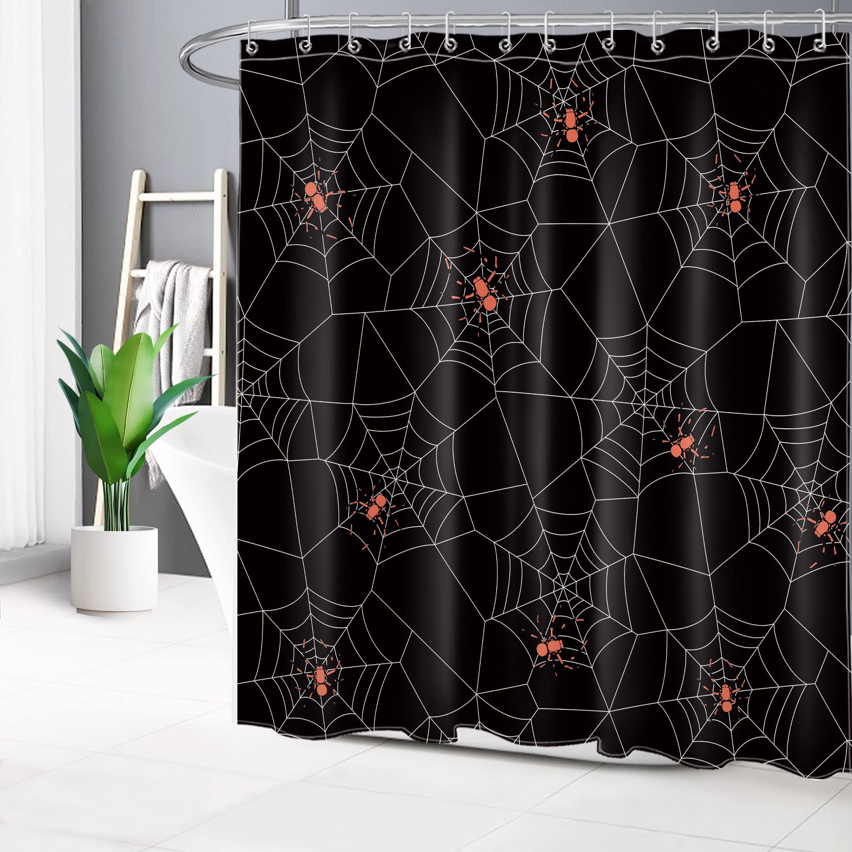 HVEST Halloween Shower Curtain - Black & White Spider Web Design, Horror Red Spider Polyester Fabric Bath Curtain with Hooks (72x72 Inches) - Spooky Bathroom Decor for Halloween Party & Haunted House Theme