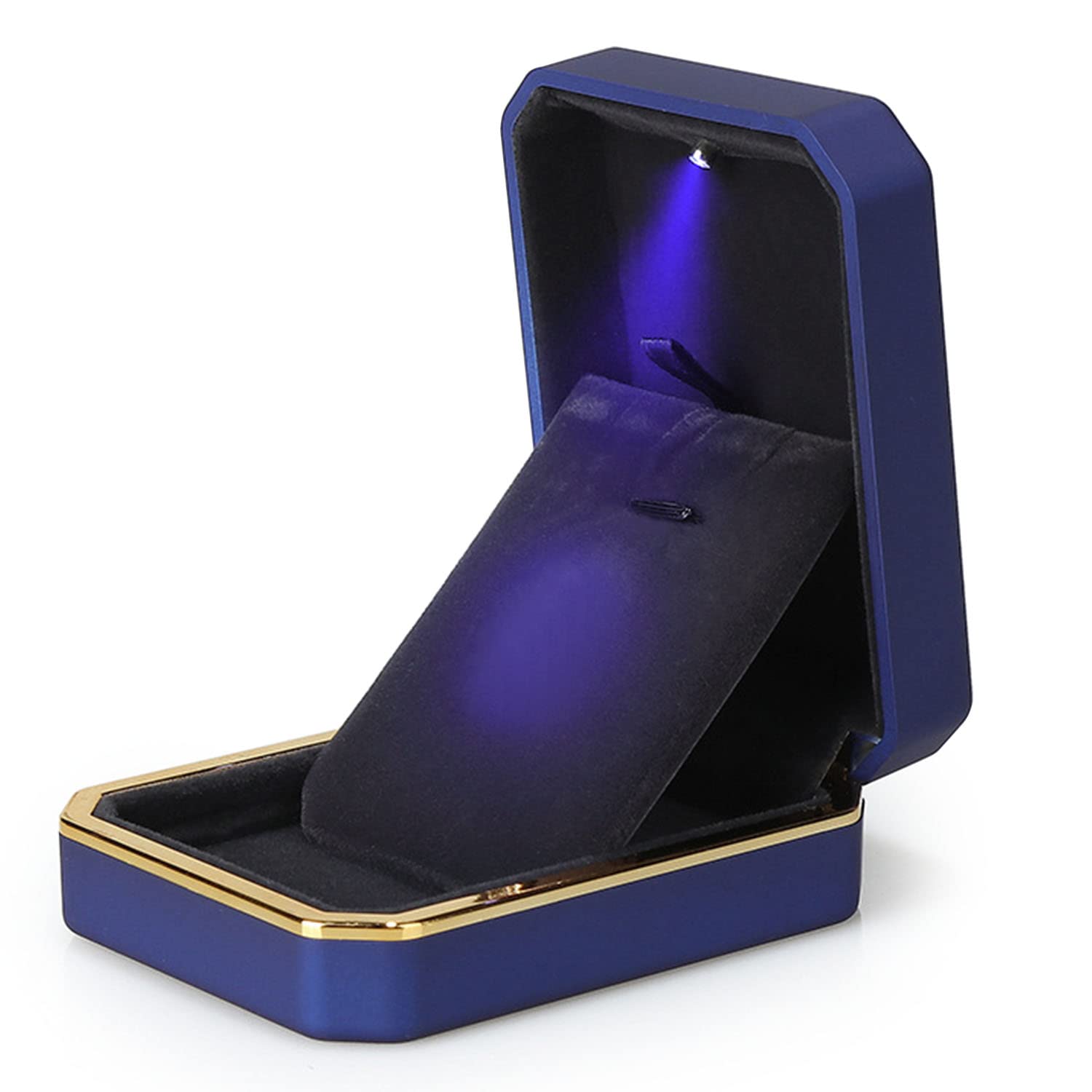 AVESON Luxury Velvet Jewelry Box with LED Light - Premium Pendant Necklace Storage Case & Organizer Holder (Blue) - Perfect for Jewelry Display, Gift Giving & Travel Accessories