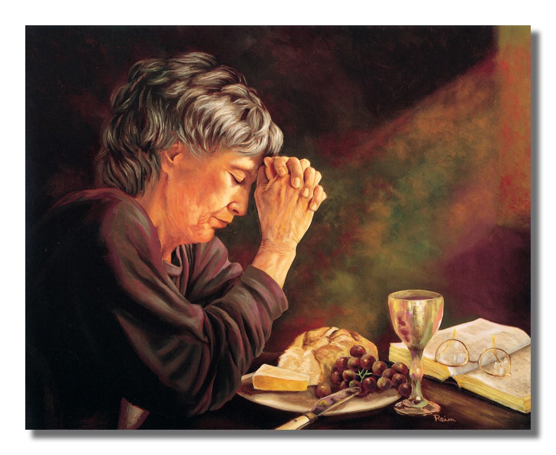 Religious Framed Wall Art Print - Gratitude Lady Praying at Dinner Table, Daily Bread Grace, 13x16 Matted & Framed - Perfect for Home Decor, Kitchen, Dining Room, Church & Spiritual Spaces