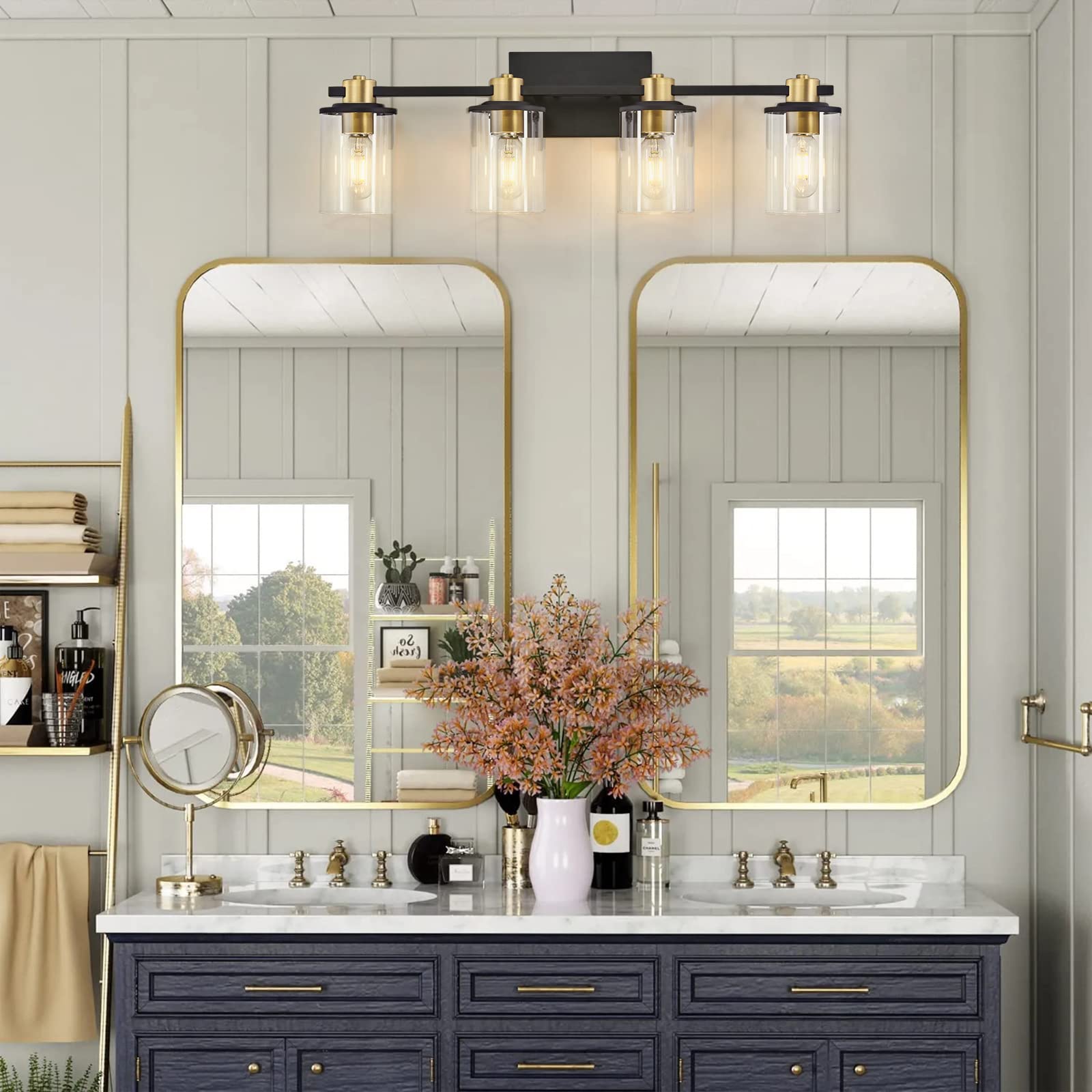 Stambord 4-Light Black and Gold Bathroom Vanity Light Fixture with Clear Glass Shade - Modern Wall Sconce Lighting for Bathroom, Bedroom, Hallway - Perfect for Vanity Mirror Lighting and Home Décor