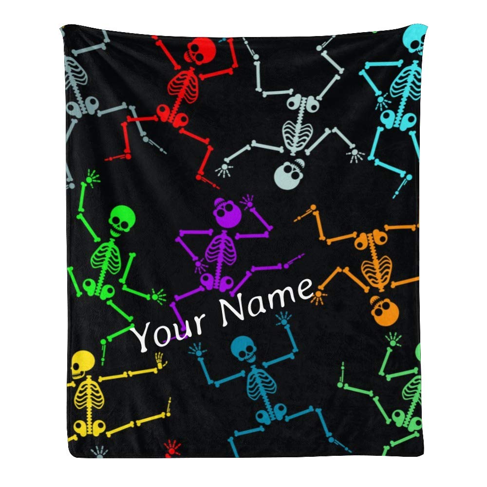Personalized Skeleton Skull Fleece Throw Blanket - Custom Name Text, Super Soft & Cozy 50x60 Inches - Perfect for Couch, Sofa, Bed & Winter Nights
