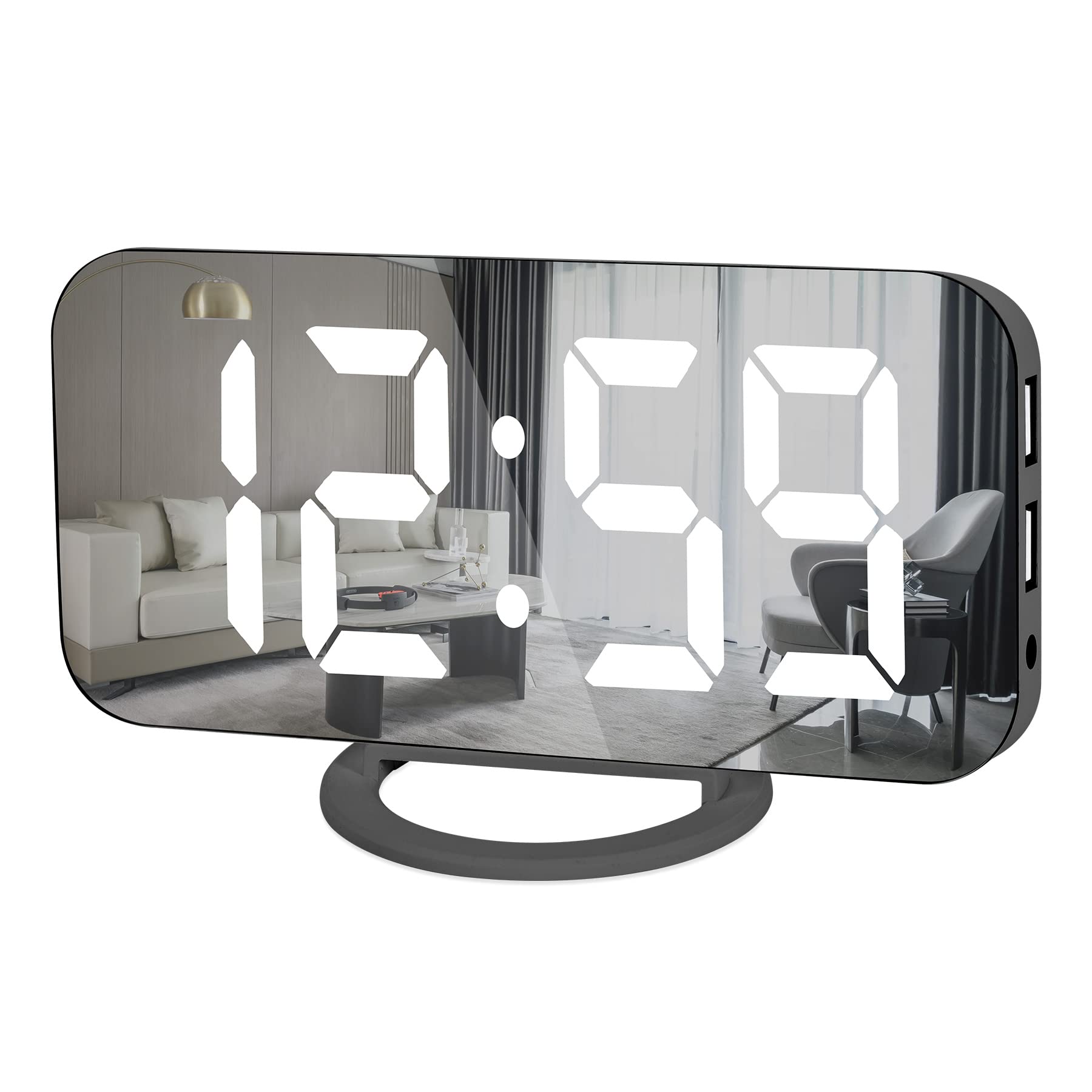 YGdigital 6.5 Inch LED Mirror Digital Alarm Clock with USB Charging Ports - Adjustable Brightness, Snooze Function, 12/24H Display for Bedroom, Home & Office Use (Black) | Perfect Nightstand Clock with Charging Station for Phones & Tablets