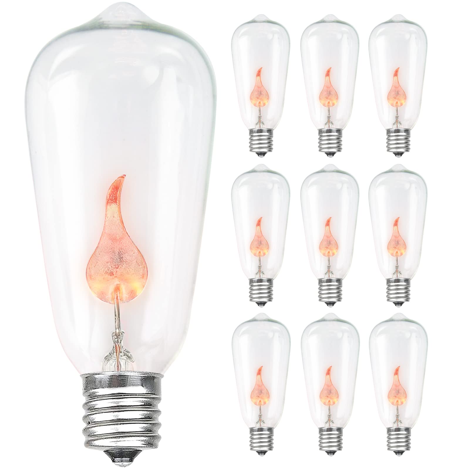 Halloween Flicker Flame Light Bulbs - 10 Pack ST40 Clear Orange Red Flickering LED Bulbs (1W, E17 Base) for Outdoor String Lights - Perfect for Halloween, Christmas Decorations & Party Lighting