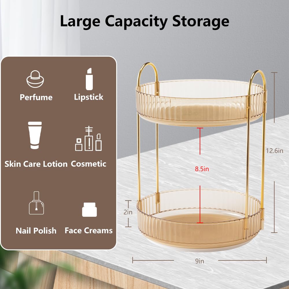 2-Tier Rotating Makeup Organizer - Spinning Cosmetic Storage for Vanity & Bathroom Countertop - Skincare Holder for Facial Cream, Perfume, Lotion, Lipstick (Amber) - Perfect for Beauty Routine & Clutter-Free Organization