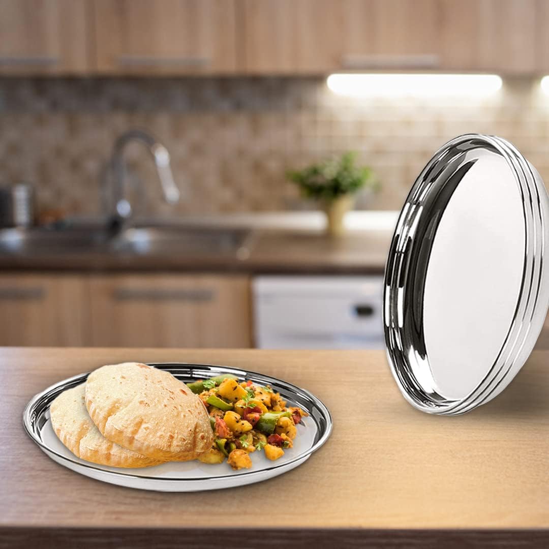 Kuber Industries Stainless Steel Dinner Plate Set - 4 Pack | Durable, Scratch-Resistant & Easy to Clean | Blunt Edges & Deep Base Design | Perfect for Home, Restaurant, Camping & Outdoor Dining