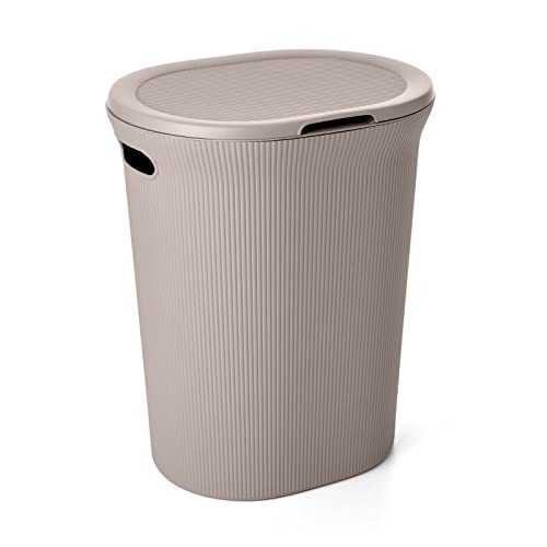 Superior Ribbed Laundry Basket Set of 2 with Lid & Handles - Taupe Plastic Storage Organizer for Clothes, Towels & Linens | Perfect for Bedroom, Bathroom, College Dorm & Laundry Room Organization