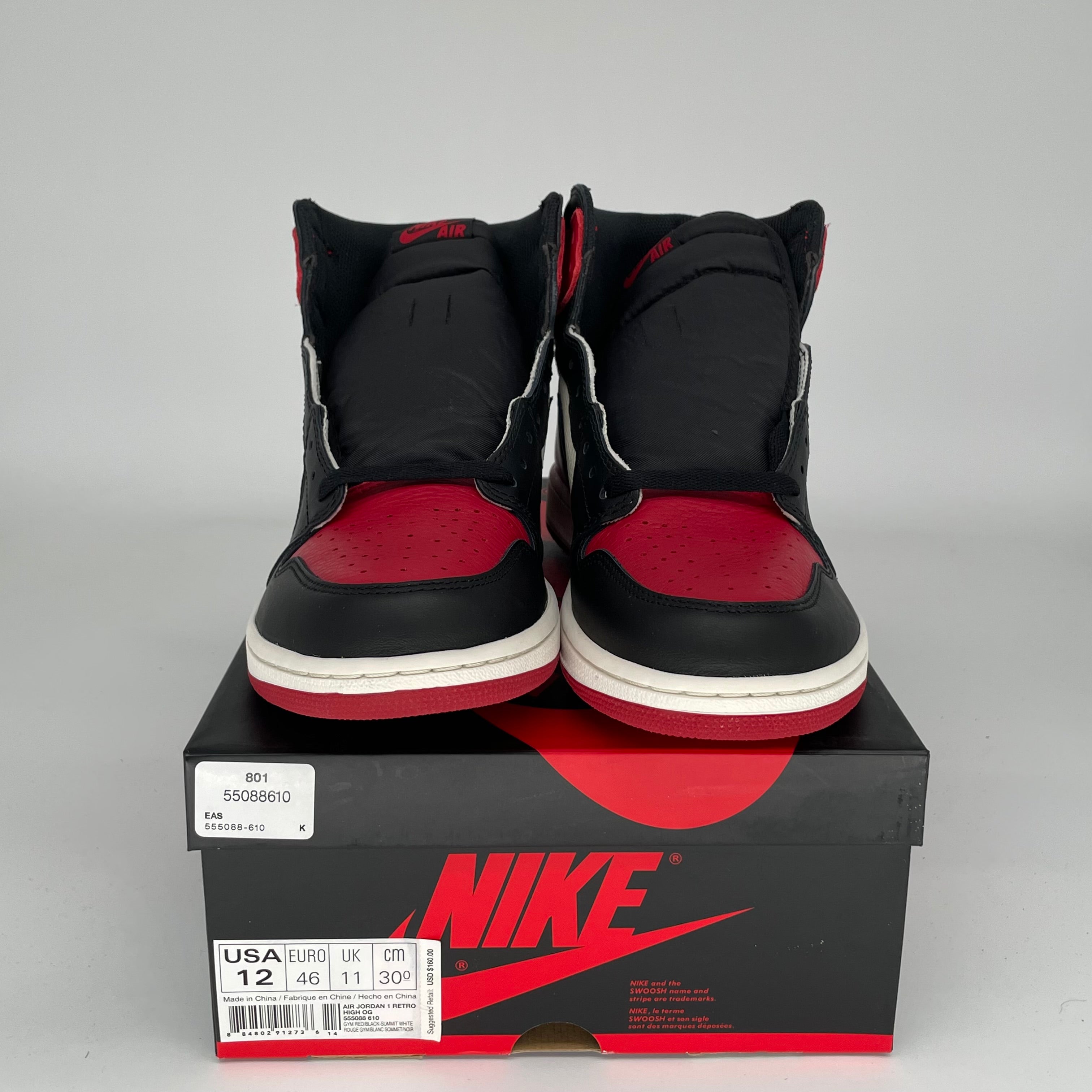 Air Jordan 1 Retro High OG 'Bred Toe' Men's Basketball Shoes Size 12 (555088-610) - Perfect for Sneaker Collectors & Streetwear Fashion