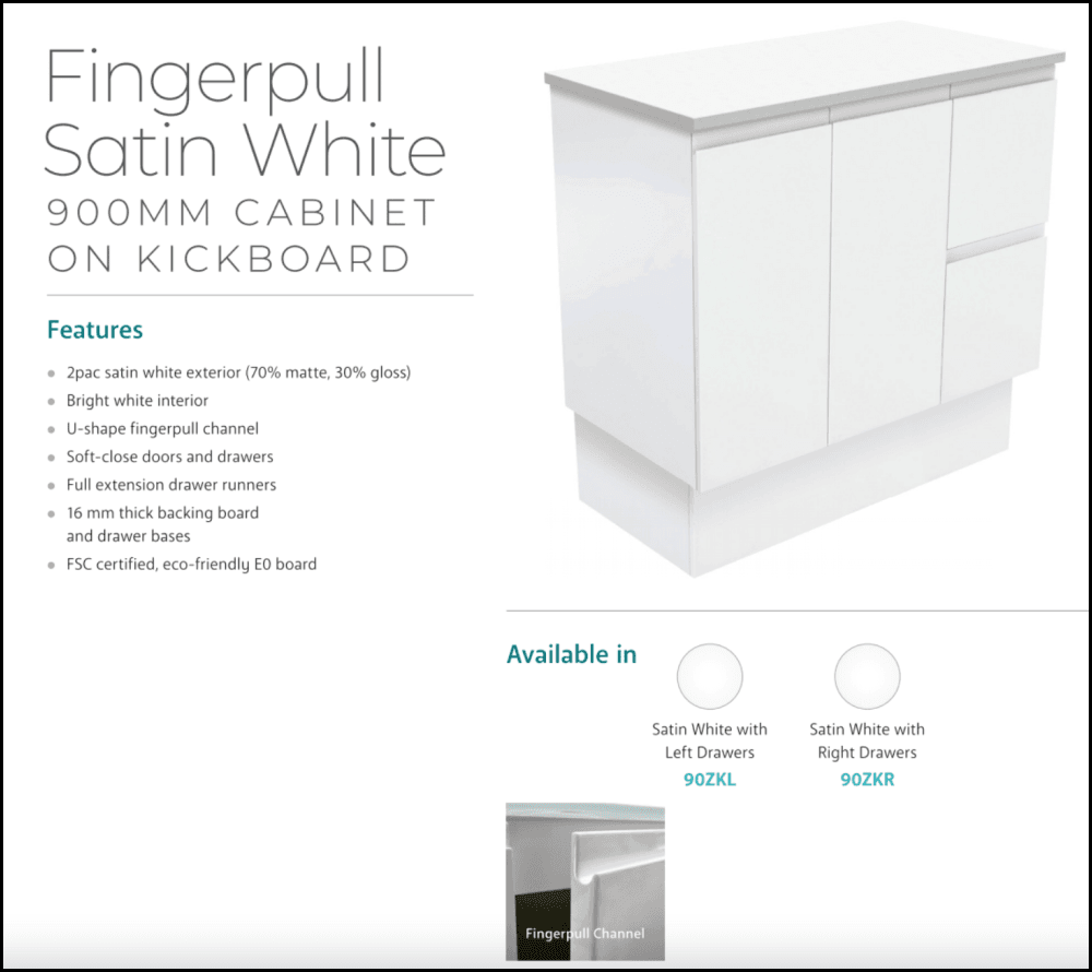 Fienza Dolce TCL90ZKL 900mm Matte White Bathroom Vanity with Fingerpull Design & Left Drawers - Perfect for Modern Home Bathroom Remodeling and Space-Saving Storage Solutions
