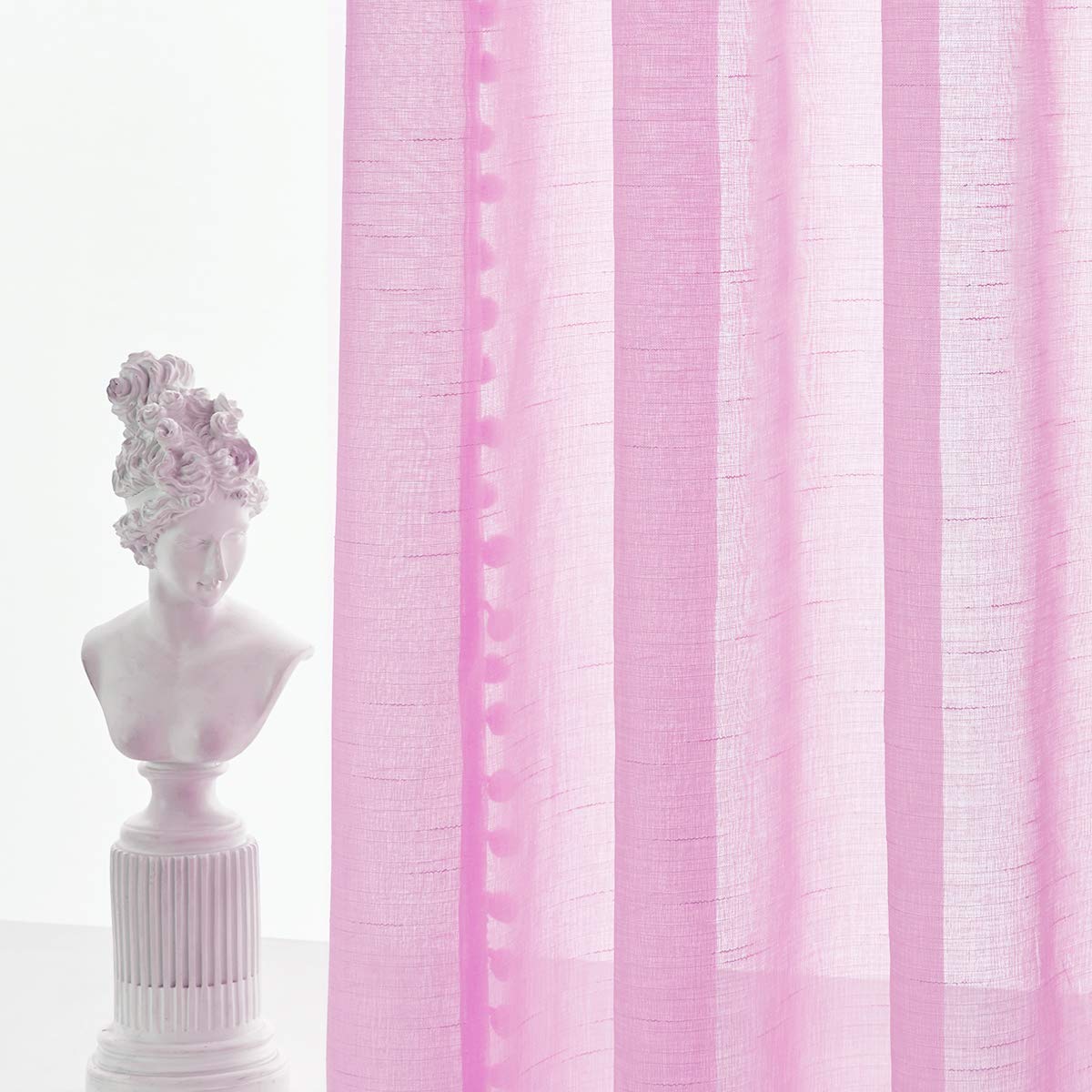 Pink Sheer Curtains for Girls Room - 108 Inch Long Window Drapes with Cute Pom Pom Trim, 52