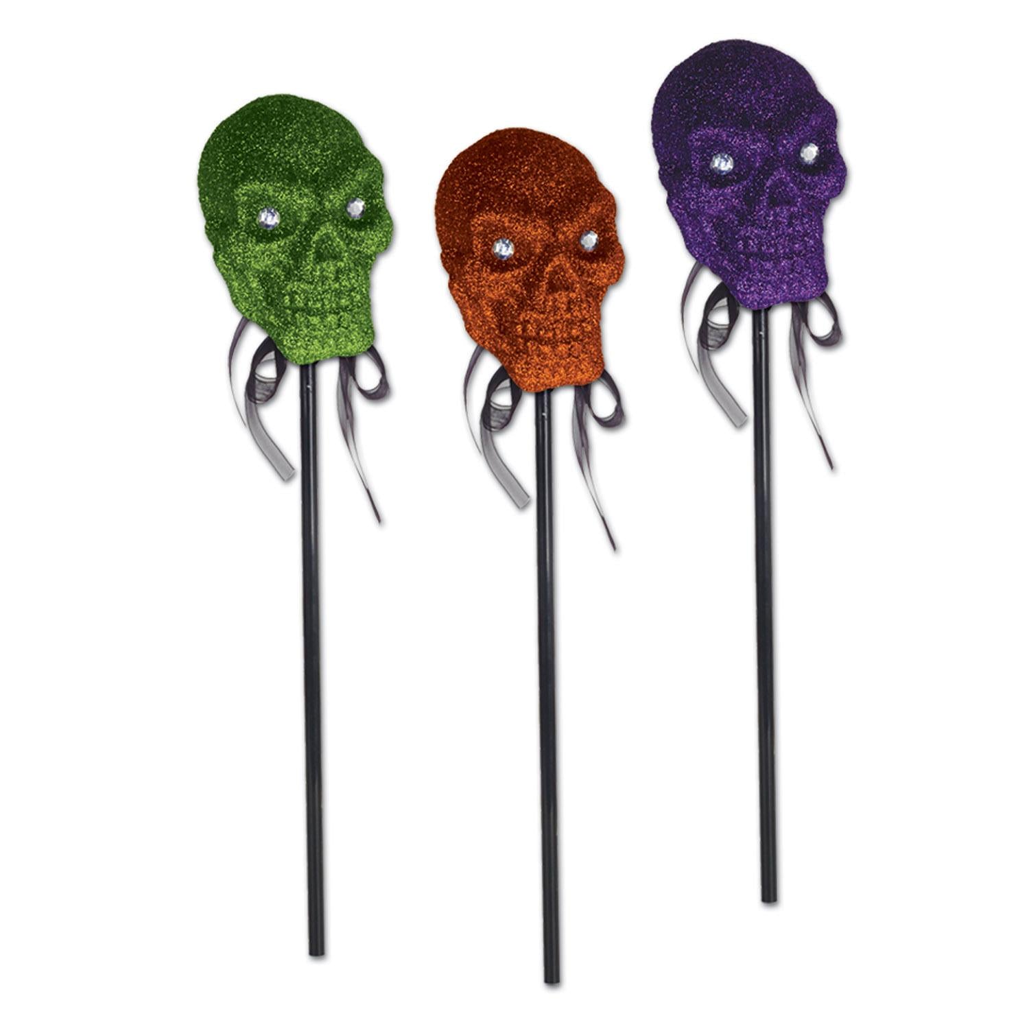 12 Pack Beistle Halloween Glittered Plastic Skull with Stick - Spooky Party Decorations for Halloween, Haunted House, and Themed Events