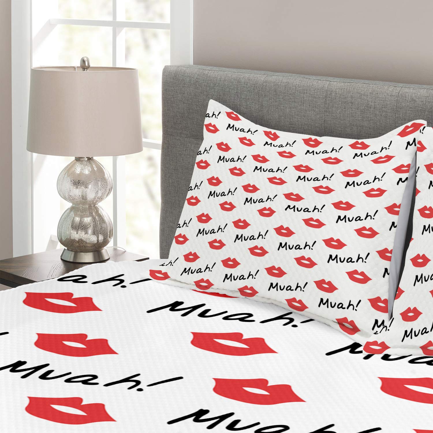 Ambesonne Romantic Red Lips Kiss Marks Bedspread Set - 3 Piece King Size Bedding with 2 Pillow Shams, Feminine Valentine's Day Decor | Perfect for Master Bedroom, Guest Room & Romantic Getaways