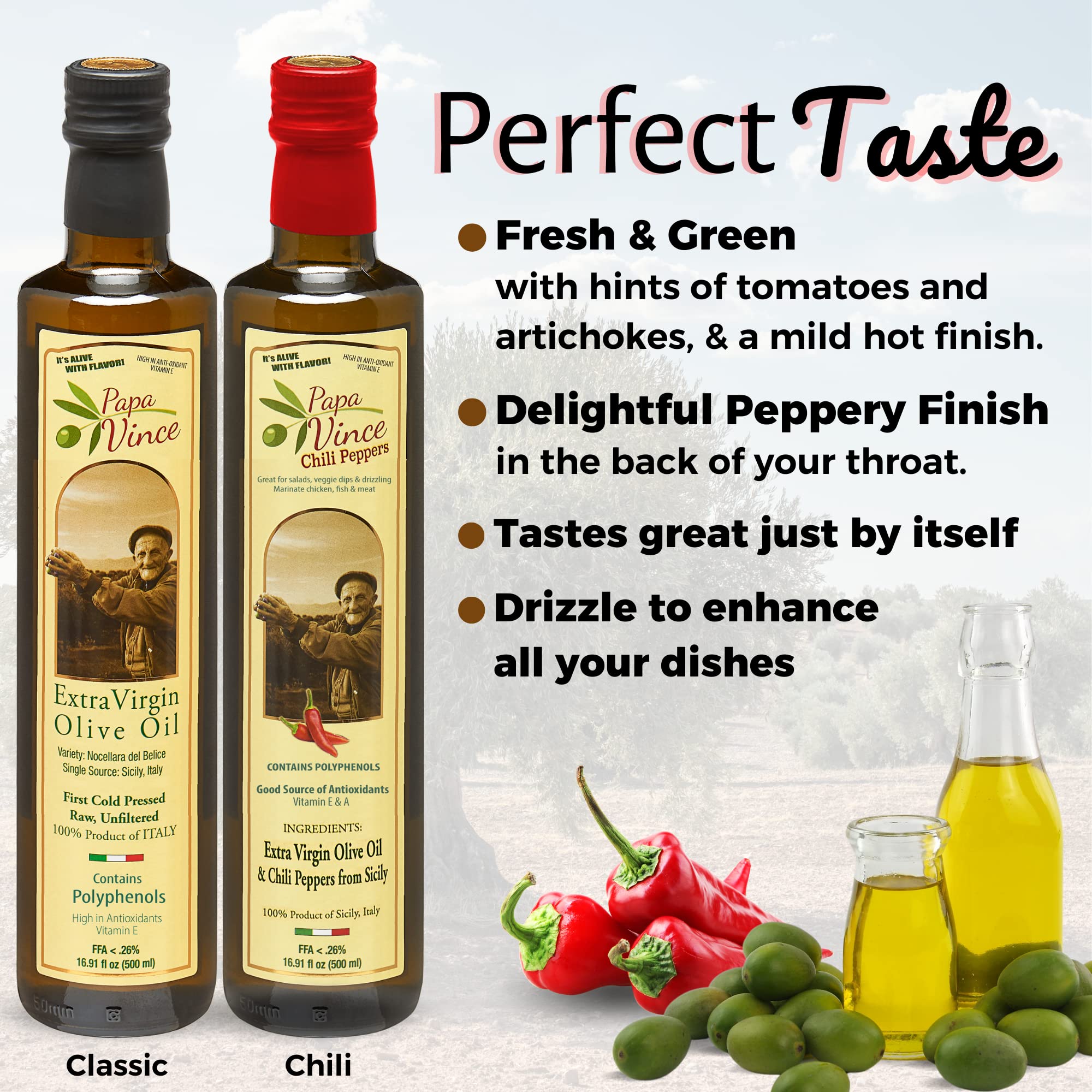 Premium Organic Extra Virgin Olive Oil - Papa Vince Cold Pressed Polyphenol Rich EVOO | Early Harvest, Unfiltered & Unrefined | Vitamin Rich with Amazing Taste | 2-Pack (Classic & Chili Oil) | Perfect for Salads, Cooking & Gourmet Dipping