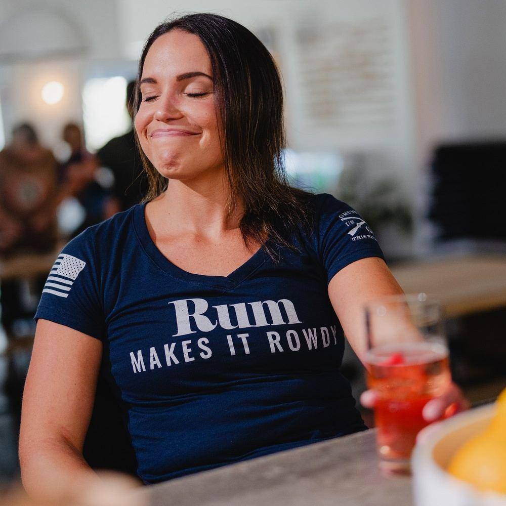 Women's Rum Makes It Rowdy V-Neck T-Shirt - Midnight Navy | Casual & Party Wear | Soft Cotton Comfort