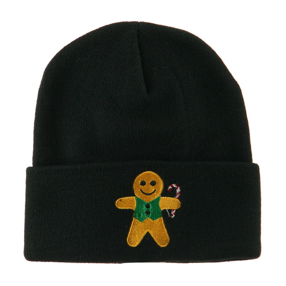 Gingerbread Man with Candy Cane Embroidered Beanie Hat - Christmas Holiday Knit Cap for Men Women - Perfect for Winter Outdoors, Xmas Party & Festive Gift Giving
