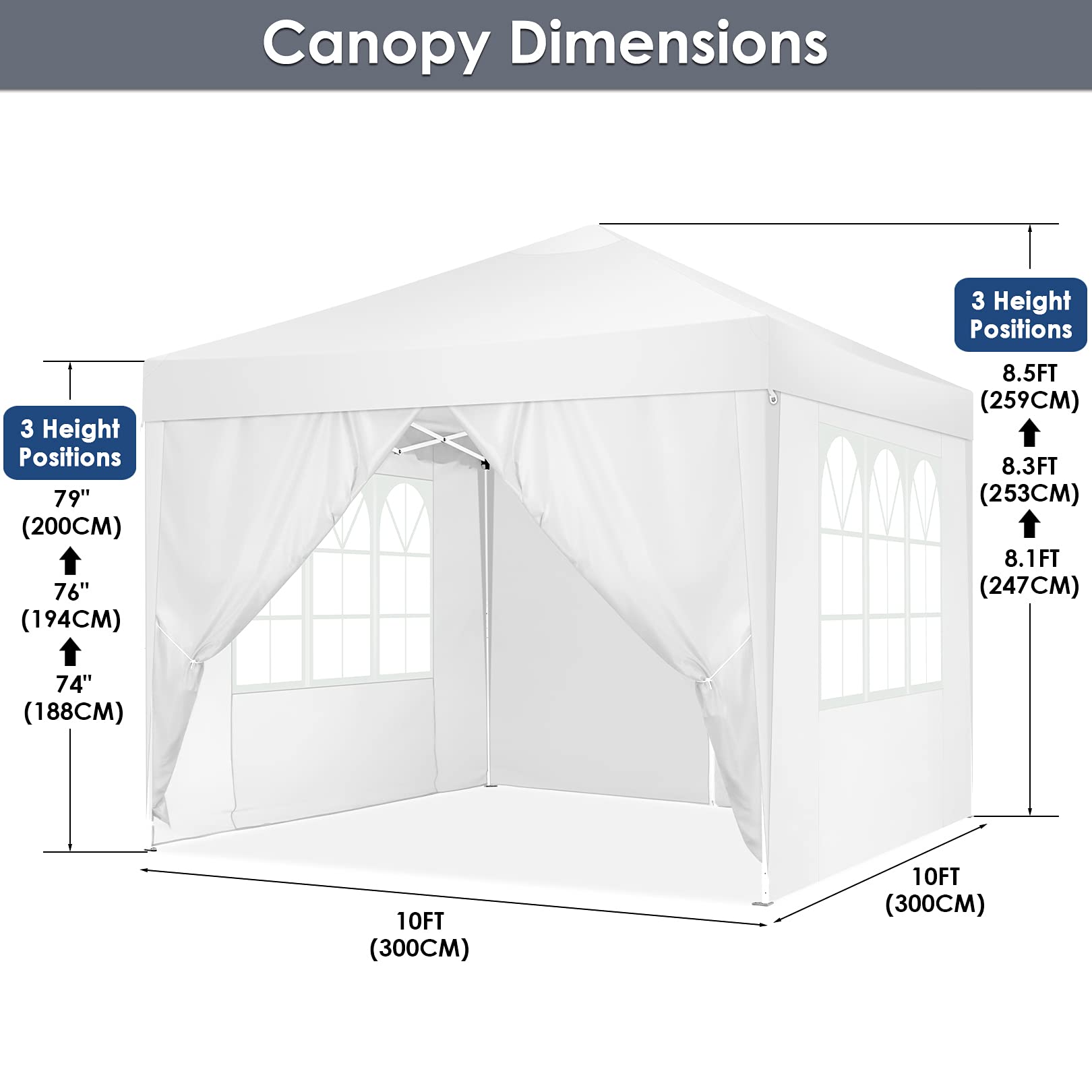 COBIZI 10x10 Pop Up Canopy Tent with 4 Sidewalls - Waterproof Instant Shelter for Outdoor Events, Camping, Parties & Backyard Gatherings - Portable White Gazebo for Commercial Use & Picnics