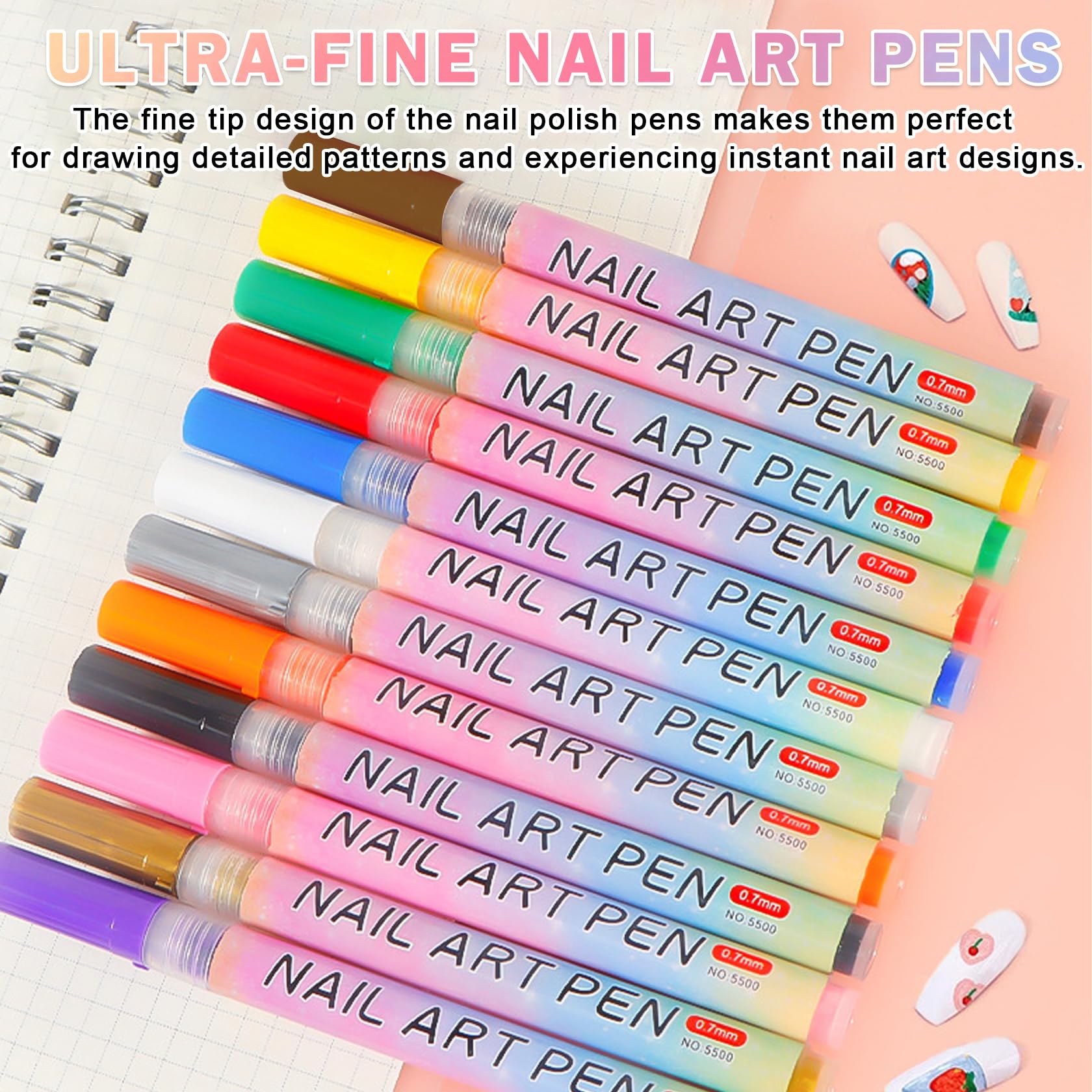 Professional 3D Nail Art Pen Set - 12 Color Acrylic Paint Nail Polish Pens for Drawing, Liner & Dotting - DIY Nail Design Kit for Salon, Home Manicure & Party Nail Art
