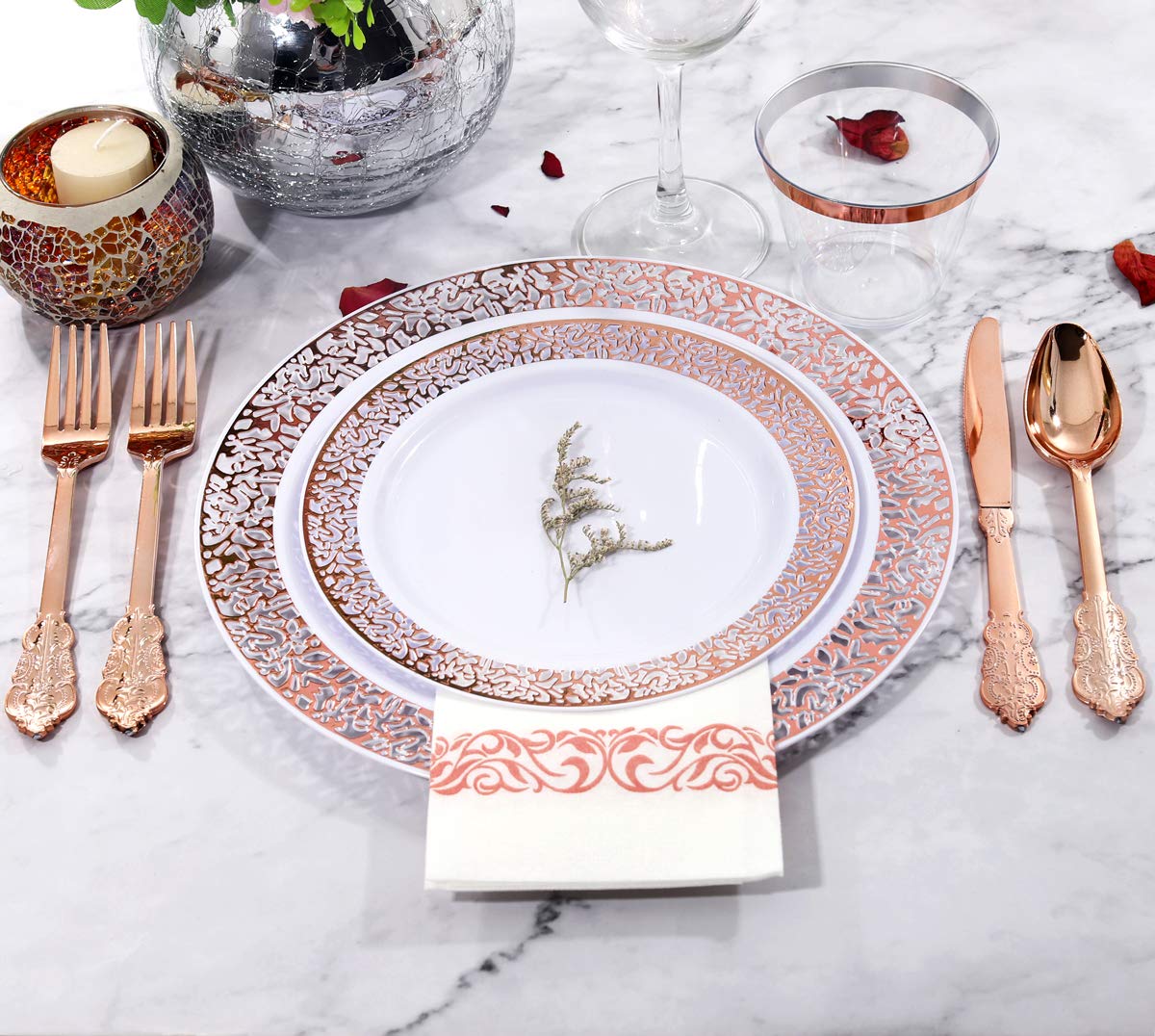 350-Piece Rose Gold Plastic Dinnerware Set with Disposable Silverware & Napkins - Elegant Lace Design Plates for Weddings, Parties, and Special Events - Perfect for Bridal Showers, Birthday Celebrations, and Outdoor Gatherings