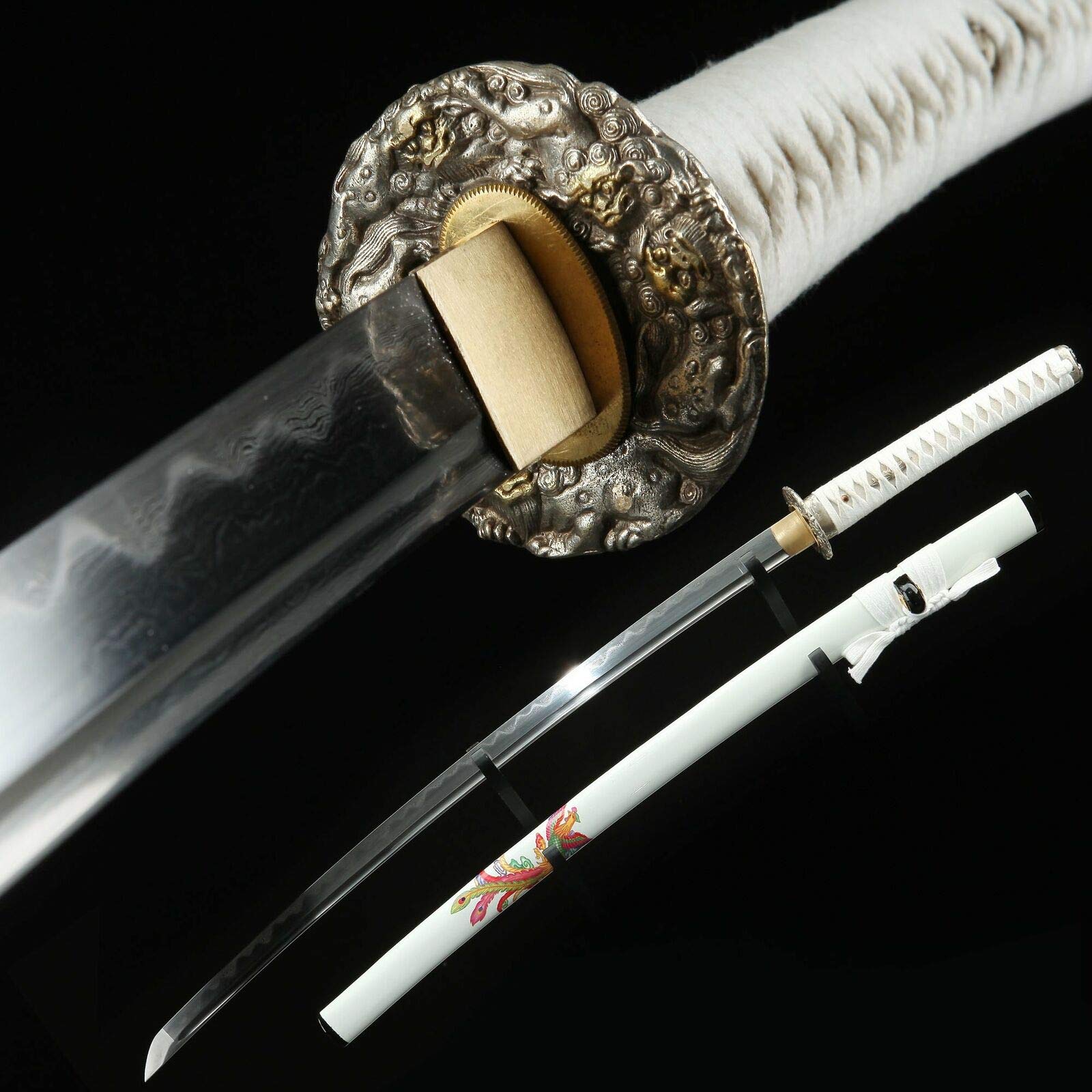 Handmade GLW Katana Samurai Sword - White Phoenix Tsuba, Clay Tempered T10 Steel, Japanese Forged Blade for Martial Arts Training, Cosplay & Collectors