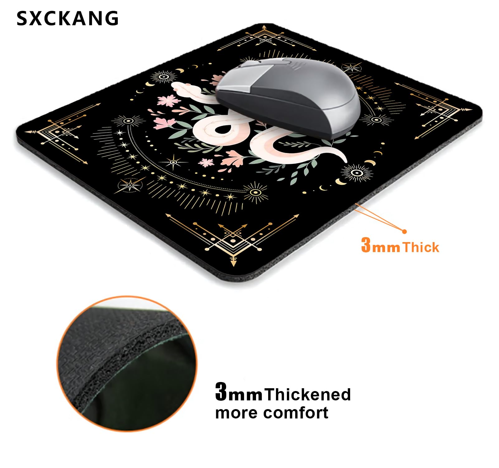 Boho Snake Witch Mouse Pad with Moon Phases - 9.5x7.9 Inch Non-Slip Cute Mouse Mat for Women Girls, Computer PC Laptop Desk Accessories - Perfect for School, Office, Home & Gaming Setup