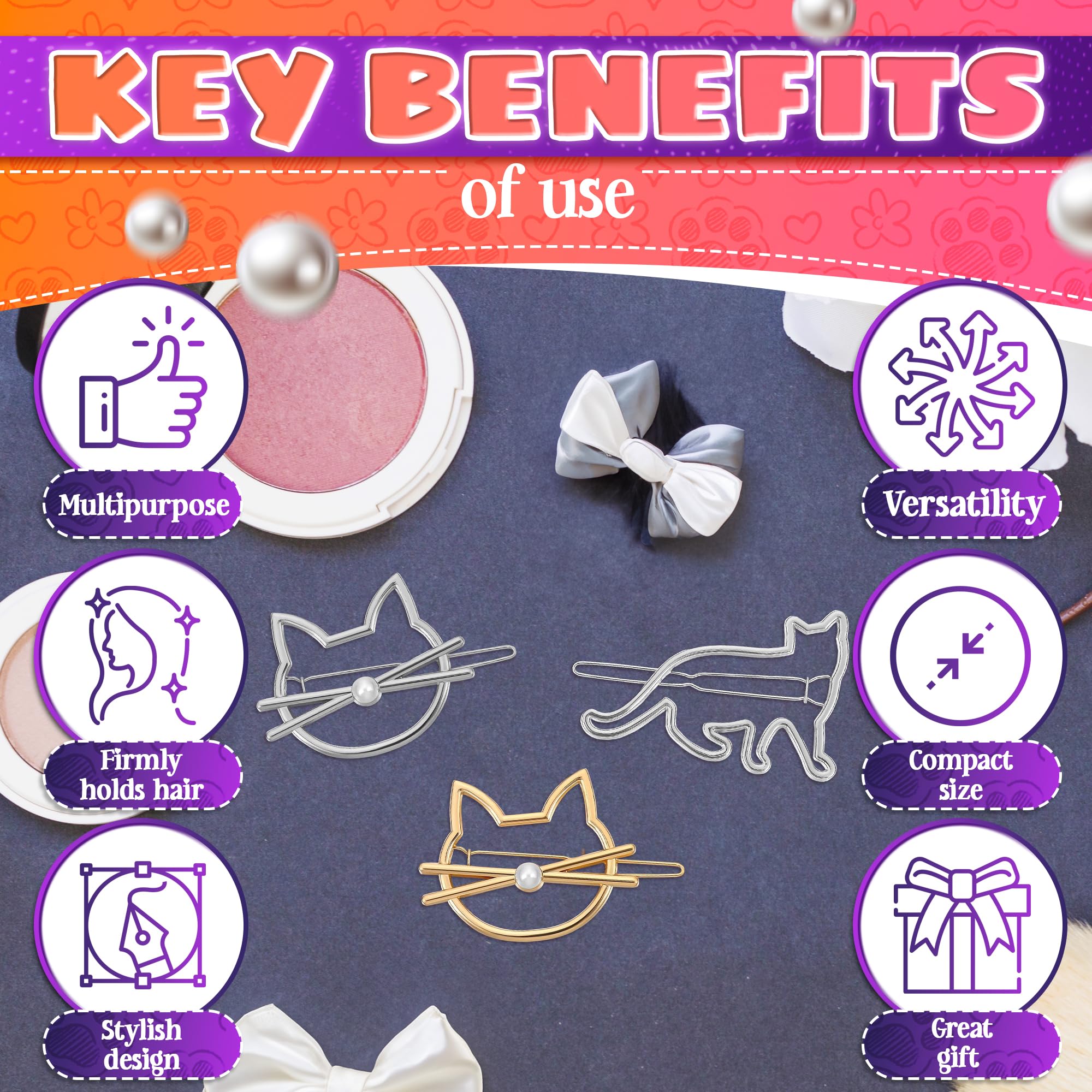 3Pcs Cute Cat Hair Clips for Women & Girls - Small Barrettes for Thin & Thick Hair, Kitty Hair Accessories & Novelty Pins - Perfect for School, Parties & Everyday Wear
