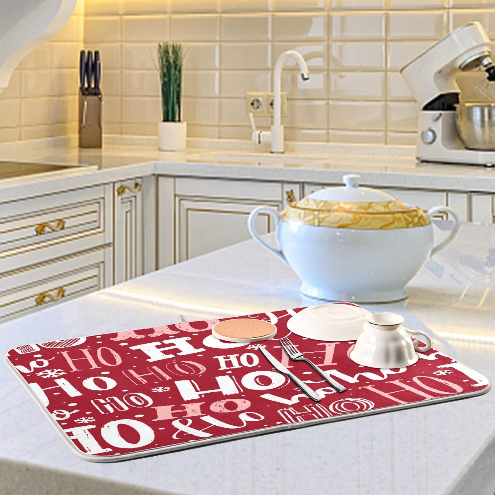 Red Christmas Ho Ho Ho Pattern Dish Drying Mat - Absorbent Kitchen Decor with Santa Claus Design, Non-Slip Drainer for Dishes & Baby Bottles | Perfect for Holiday Home Decor & Gift Giving