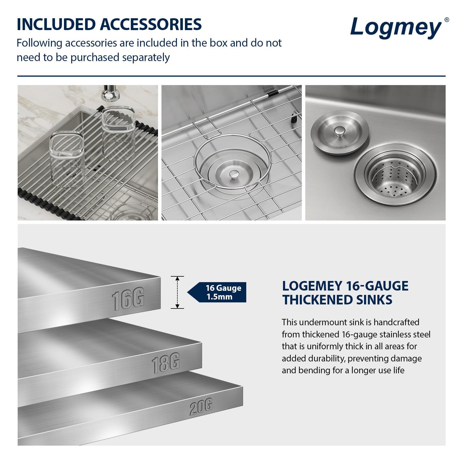 Logmey 23 Inch Undermount Stainless Steel Kitchen Sink - Handmade Single Bowl Bar Prep Sink 16 Gauge (23x18x9 Inches) for Modern Kitchens & Commercial Bars
