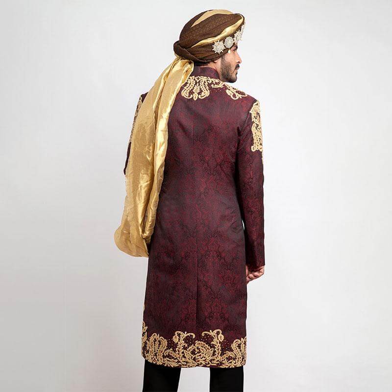 Deep Burgundy Pure Jamavar Silk Sherwani for Men | Luxury Indian Wedding Attire | Perfect for Grooms, Festivals & Special Occasions