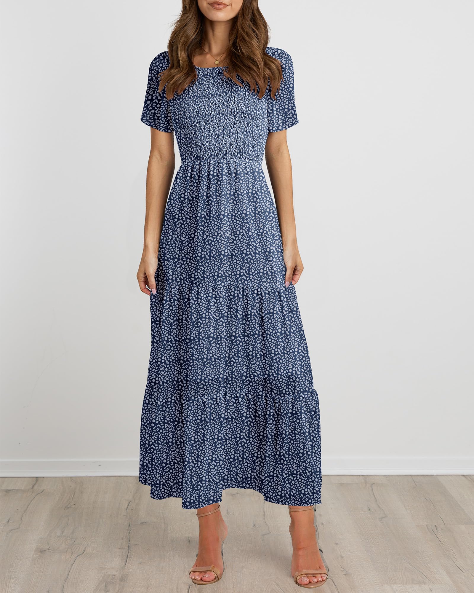 BTFBM Women's Bohemian Floral Printed Short Sleeve Maxi Dress - Casual Summer Crew Neck Tiered Flowy Cocktail Dress for Beach Vacation, Music Festival & Date Night
