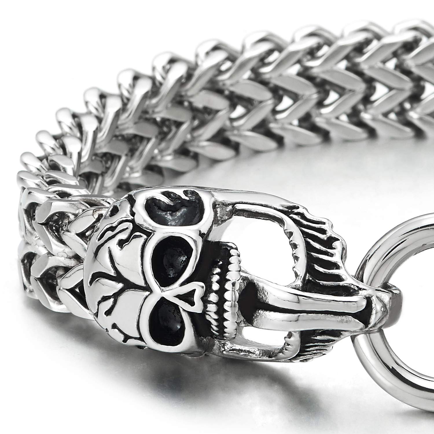 CoolSteelAndBeyond Men's Vintage Skull Bracelet - Stainless Steel Franco Chain with Teeth & Tongue Design, Spring Ring Clasp - Perfect for Gothic Fashion, Punk Style & Biker Accessories