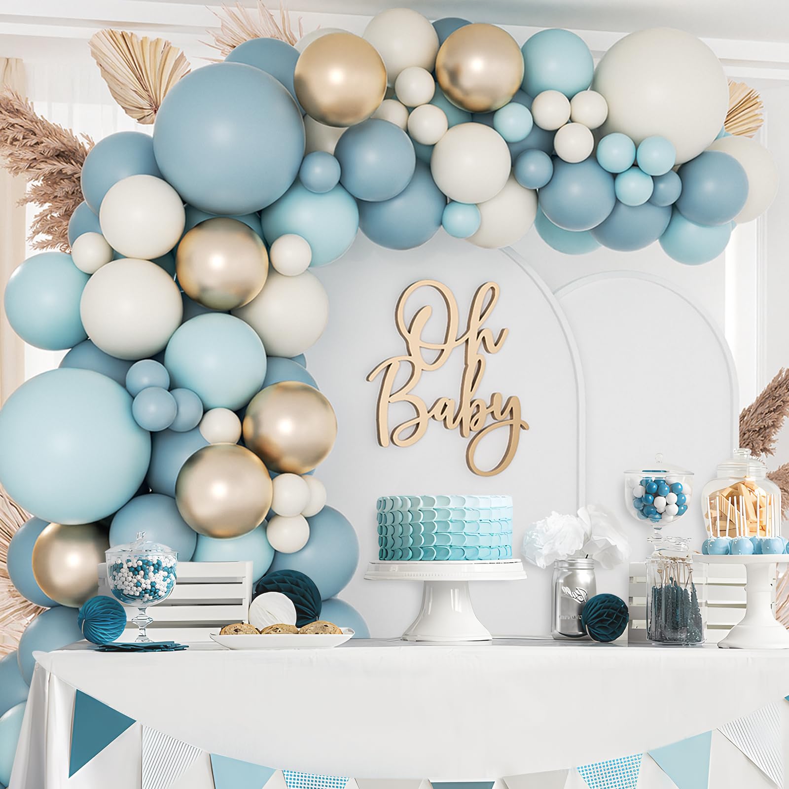 138Pcs Dusty Blue Balloons Arch Garland Kit - Baby Blue, Sand White & Metallic Gold Balloons for Bridal Shower, Gender Reveal, Birthday & Baby Shower Decorations - Perfect for Party Backdrops, Photo Booths & Wedding Centerpieces