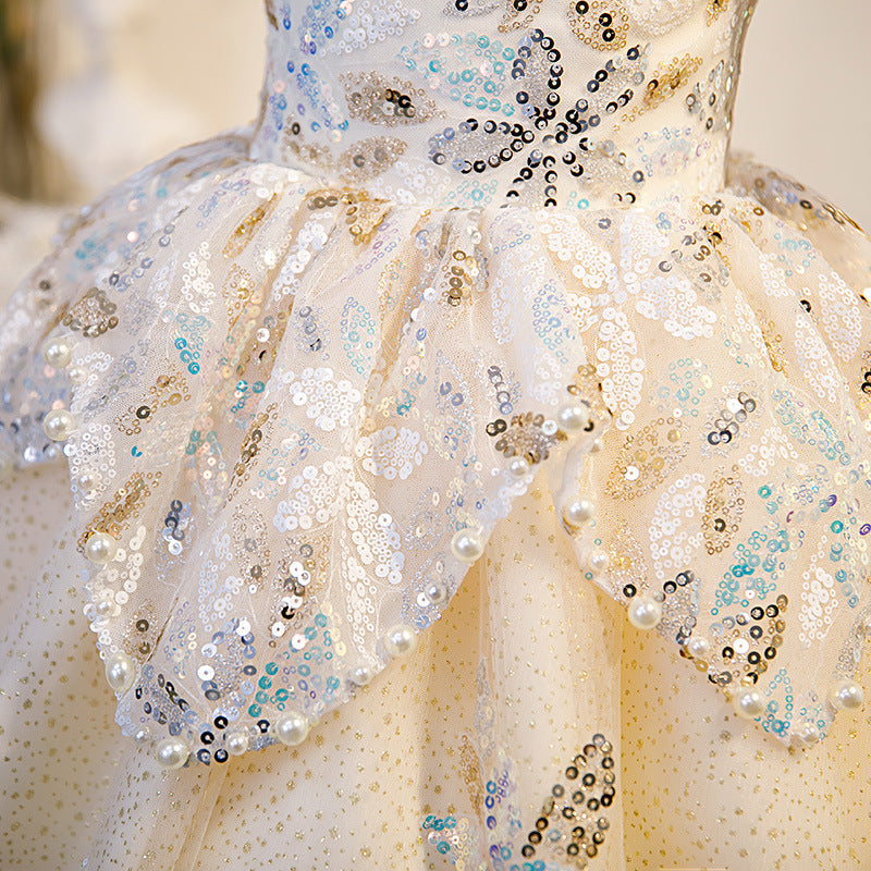Ivory Sequined A-Line Flower Girl Dress with Puff Sleeves - Elegant Flower Girl Dress for Weddings, Baptisms & Special Occasions