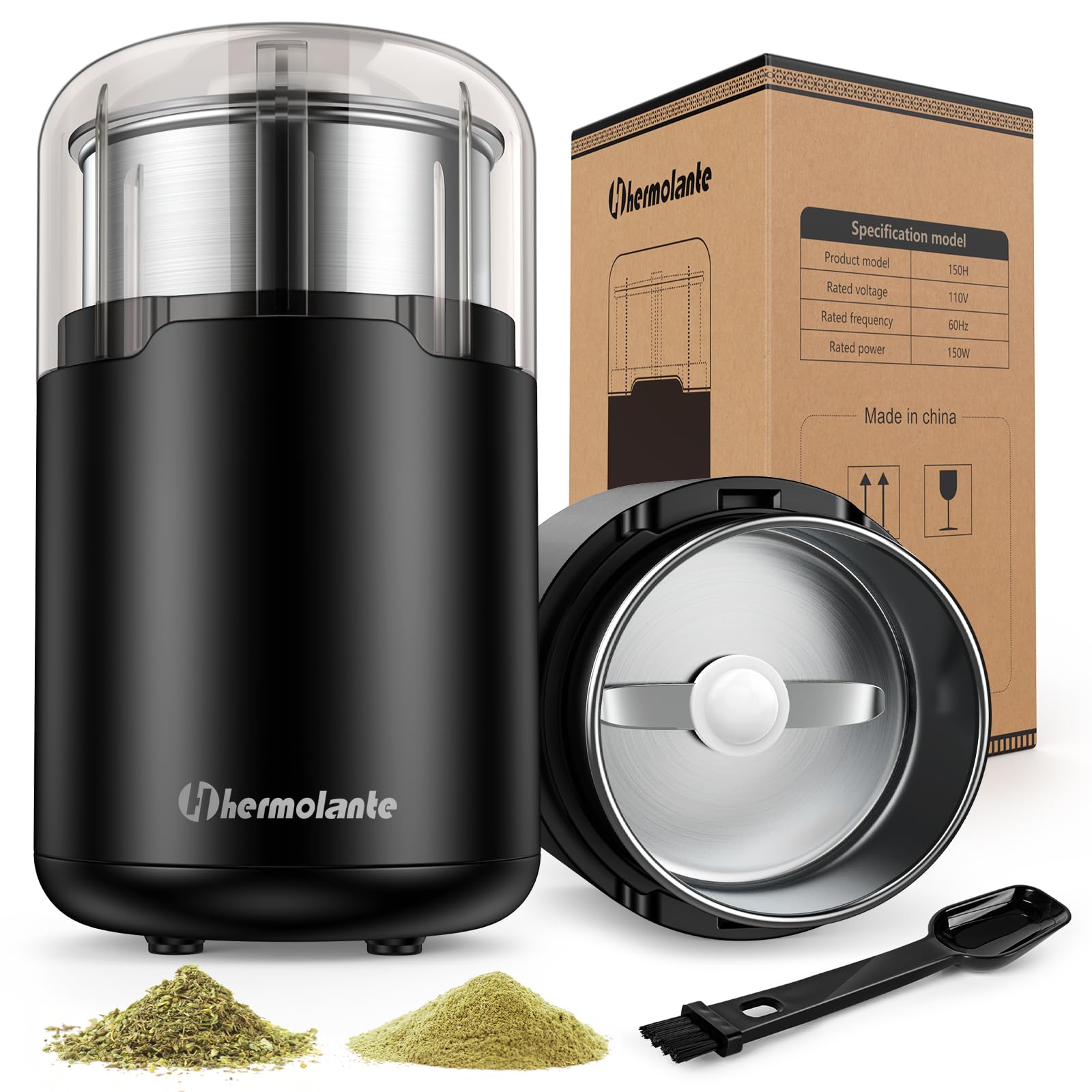 150W Electric Herb Grinder with Stainless Steel Blade - Spice, Coffee, Nut & Seed Grinder - Compact Size with Cleaning Brush - Perfect for Kitchen, Camping & Travel Use