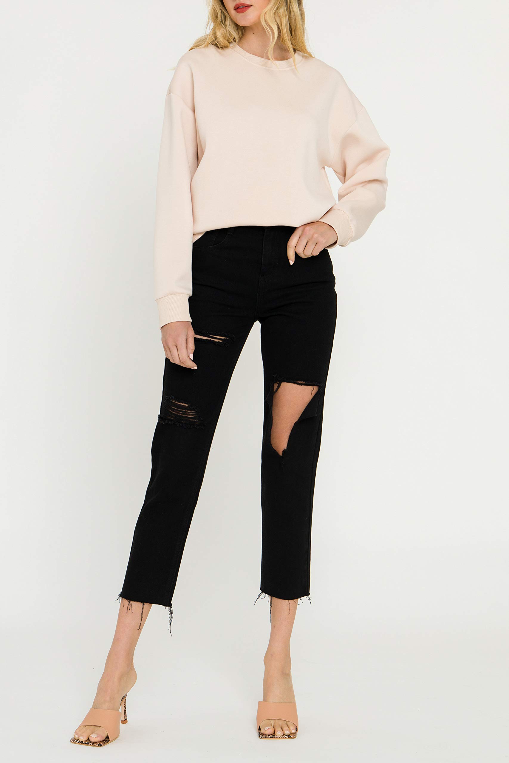 English Factory Women's Distressed High Waist Mom Jeans - Black Vintage Denim Pants for Casual Wear & Street Style Outfits