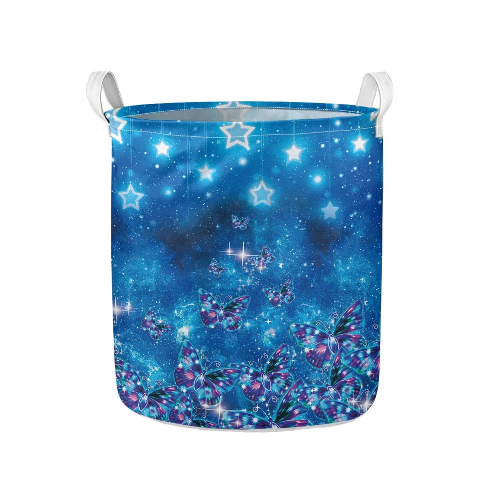 Galaxy Butterfly Blue Laundry Basket with Handles - 18.5x16.1 Inch Storage Hamper for Clothes, Blankets, Toys & Pillows - Decorative Woven Basket for Bedroom, Living Room & Laundry Room Organization