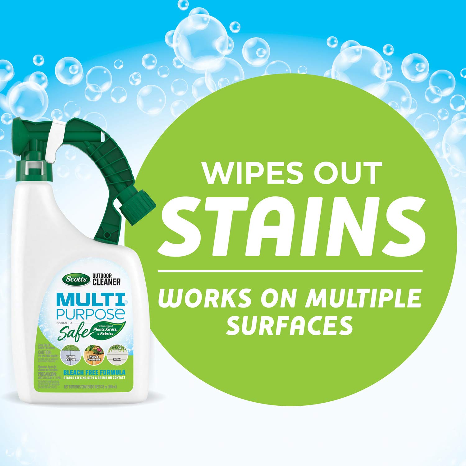 Scotts Outdoor Cleaner Multi-Purpose Formula - Ready-to-Spray, Bleach-Free Deck & Patio Cleaner for Wood, Stone, Siding & Outdoor Furniture - 32 oz for Easy Home Exterior Cleaning & Maintenance