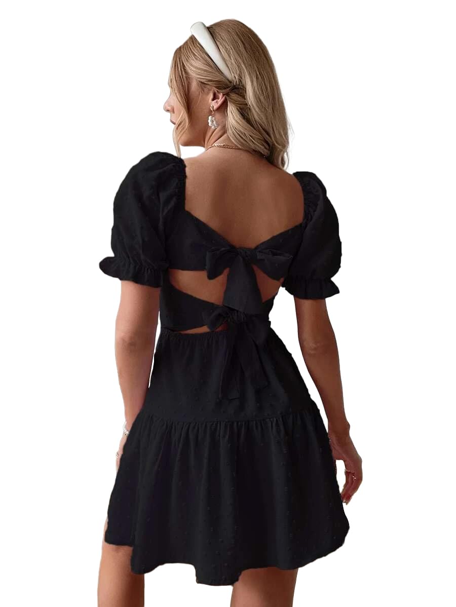 Narecte Women's Summer Dresses 2025 - Backless Tie Swiss Dot Mini Dress with Ruffle Hem | Flowy Casual Sundress for Beach, Vacation & Date Night