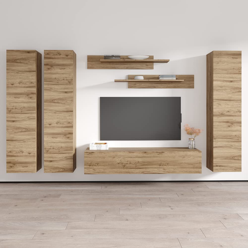 Modern Oak Wall-Mounted TV Stand with Storage Shelves & LED Lights - Floating Entertainment Center Console for Bedroom & Living Room - Perfect for Small Spaces & Home Theater Setup - Meble Furniture Fly CD1 30TV Stand