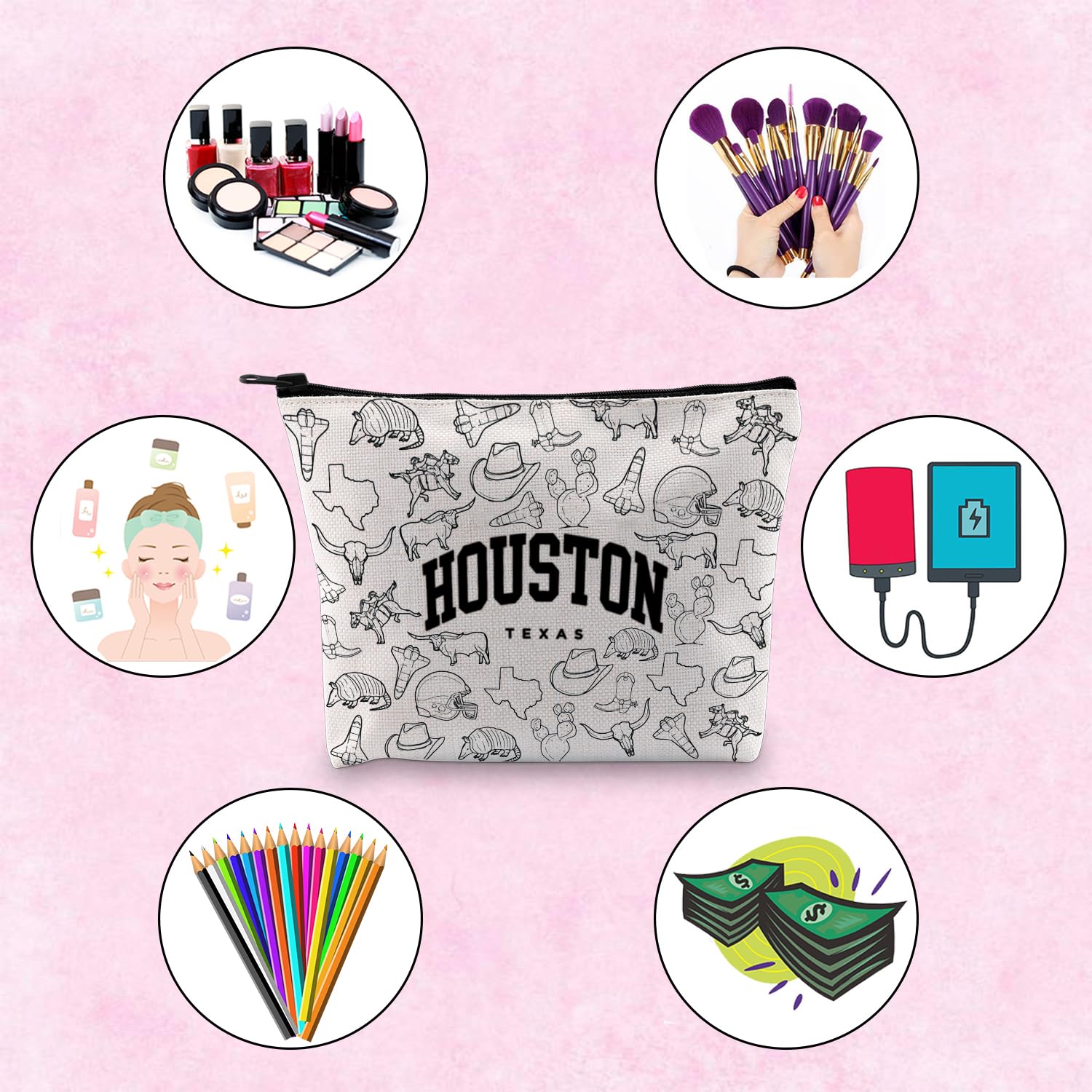 TSOTMO Houston Themed Cosmetic Bag - Waterproof Canvas Makeup Pouch for Travel & Toiletry Storage - Houston Texas Souvenir Gift for Women - Perfect for Vacation, Gym & Daily Organizer