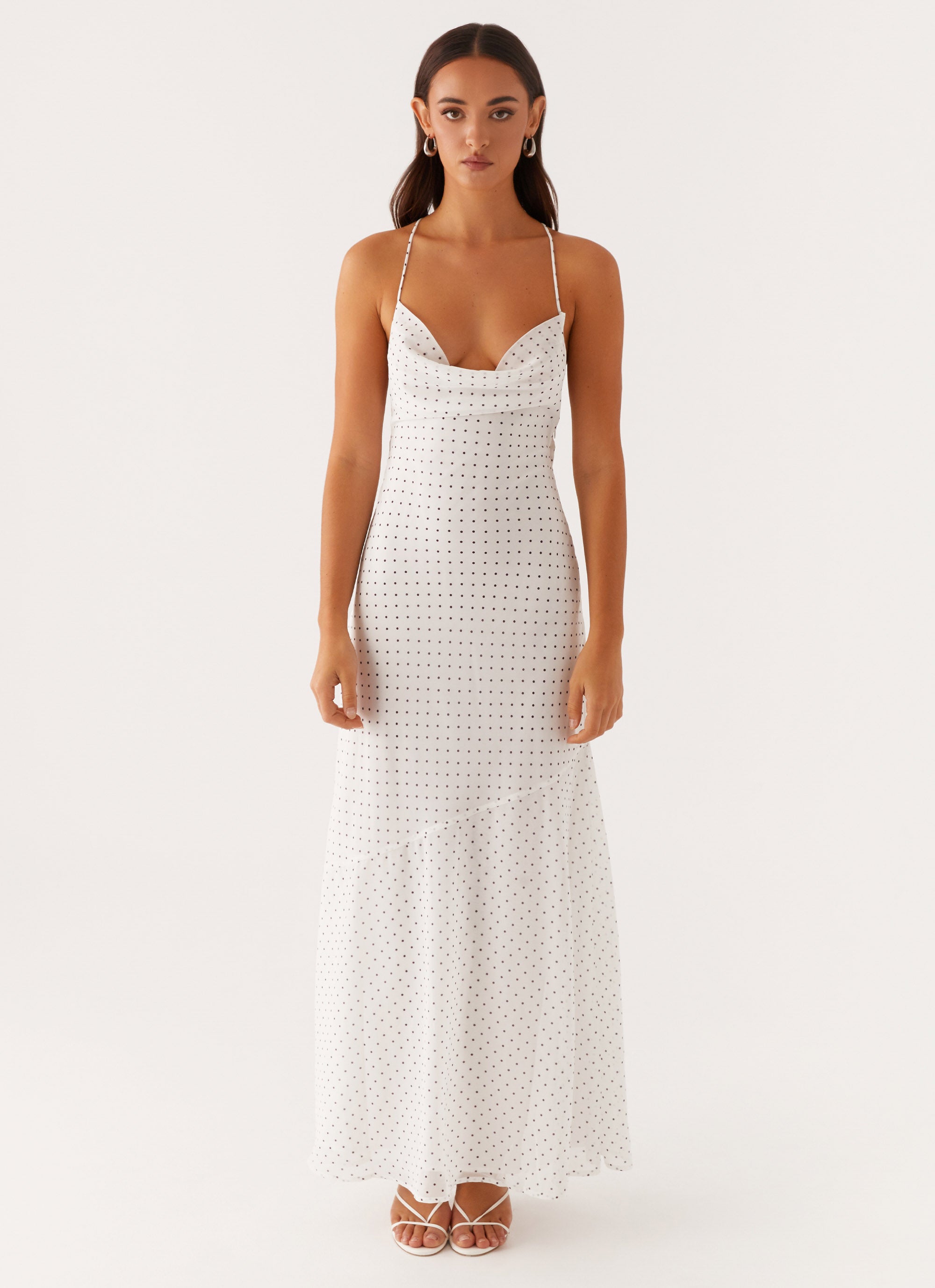 Alianna Cowl Neck Mesh Maxi Dress - White Polka Dot Flowy Long Evening Gown for Women, Perfect for Parties, Weddings & Special Occasions