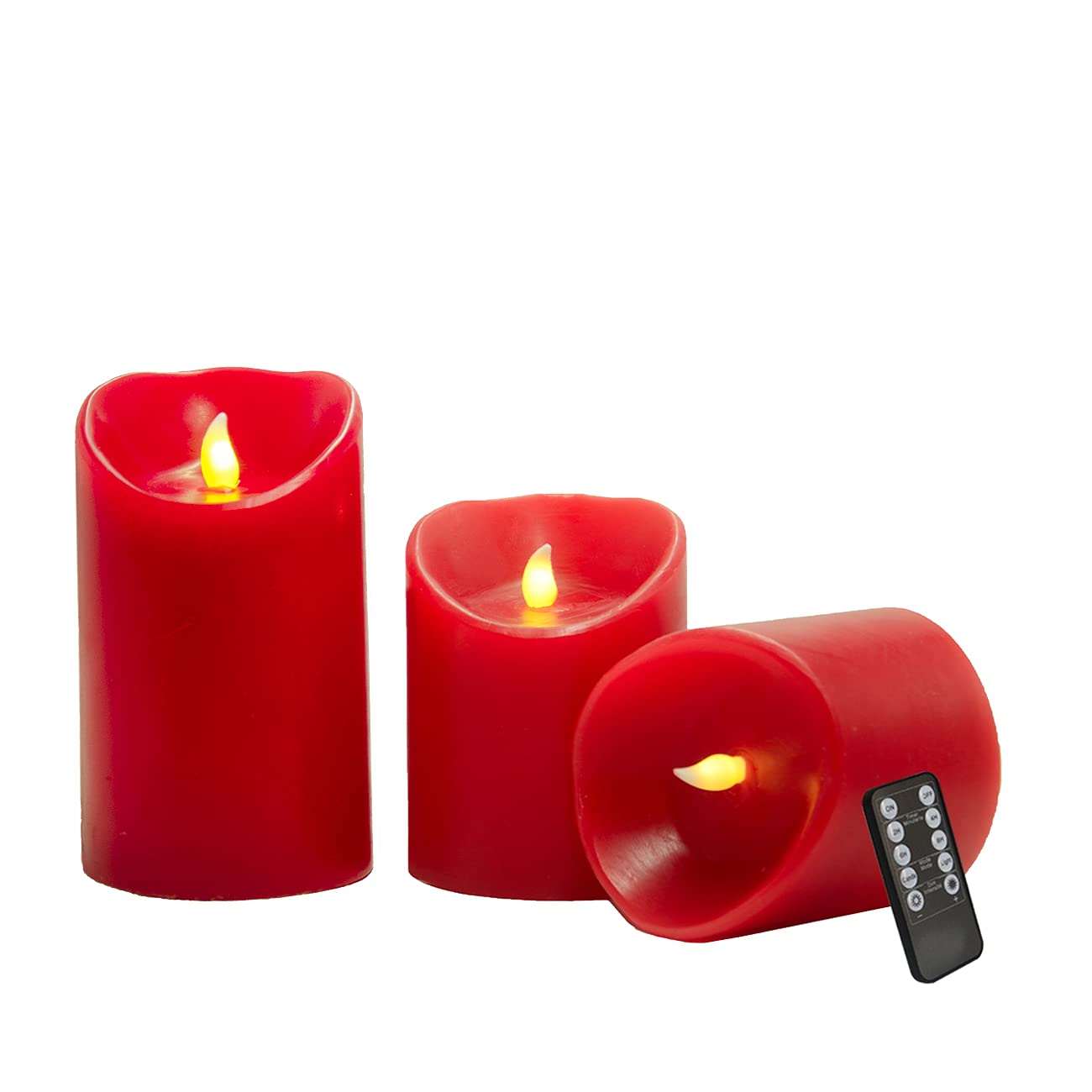 Real Wax Flameless LED Candles Set of 3 - Red Flickering Pillar Candles (4