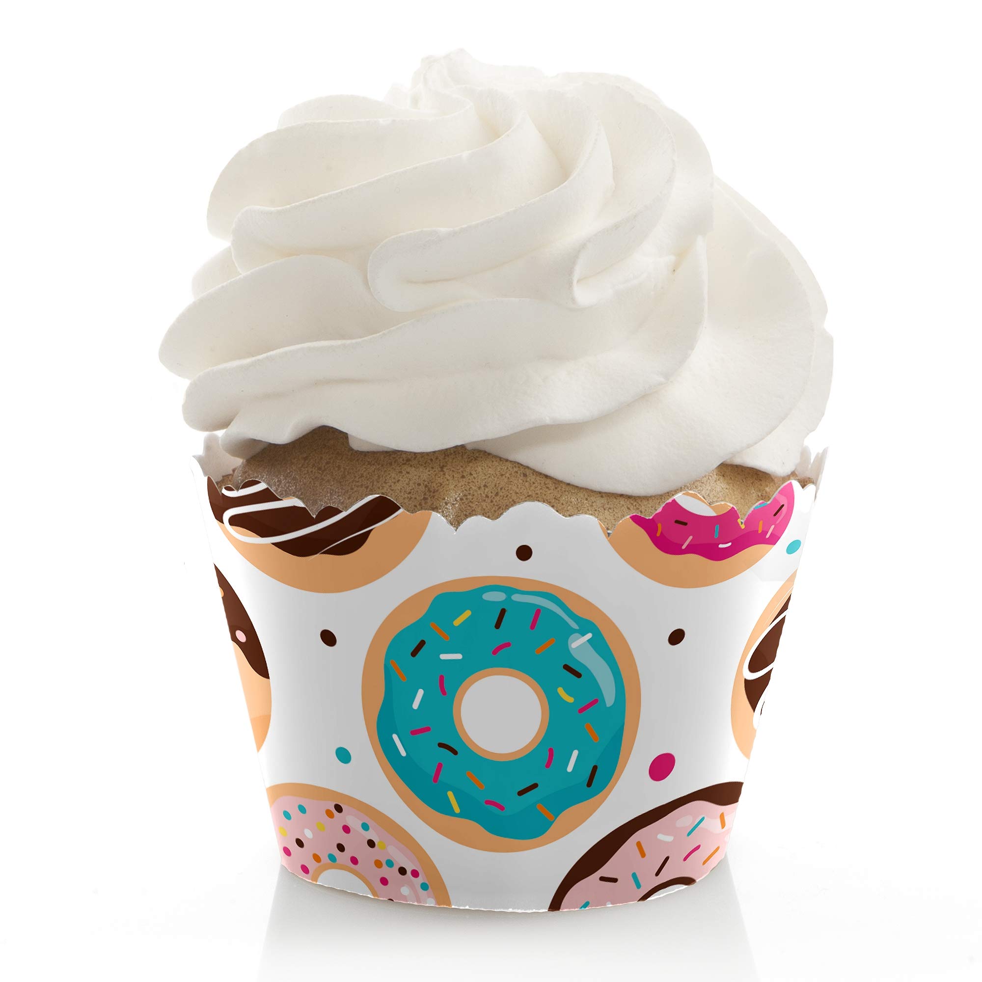 Big Dot of Happiness - Donut Worry Let's Party - 12-Pack Multicolor Paper Doughnut Cupcake Wrappers - Disposable Party Decorations for Birthdays, Baby Showers & Celebrations - Perfect for Dessert Tables, Buffets & Sweet Treat Displays